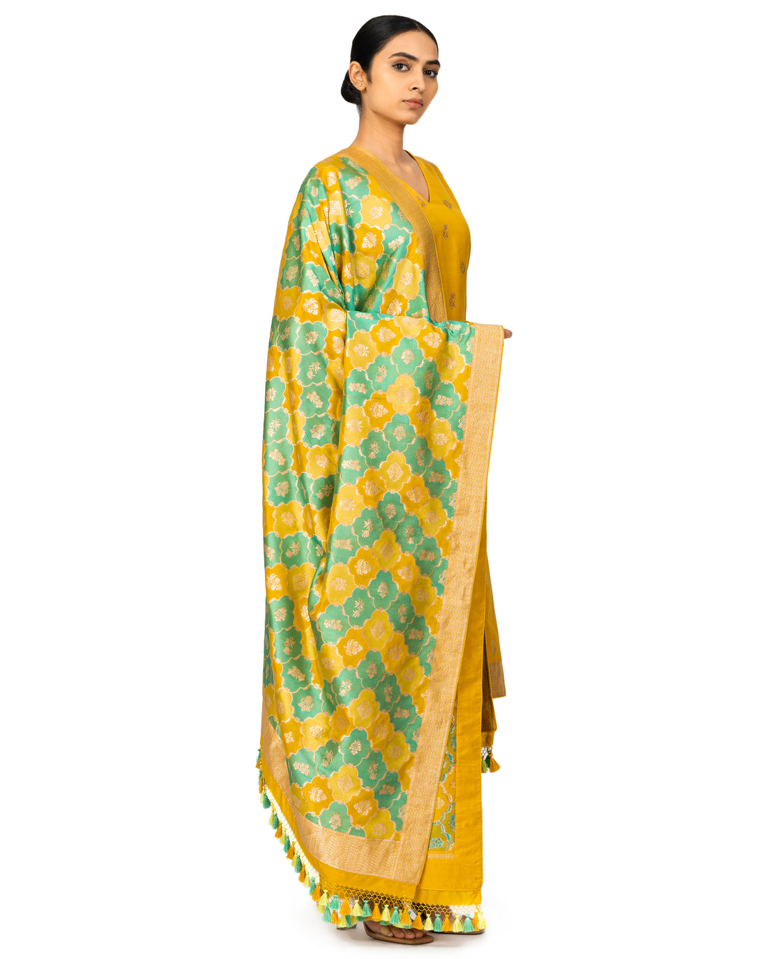 Banarasi Katan Silk Suit Set With Rangkat Dupatta In Ochre