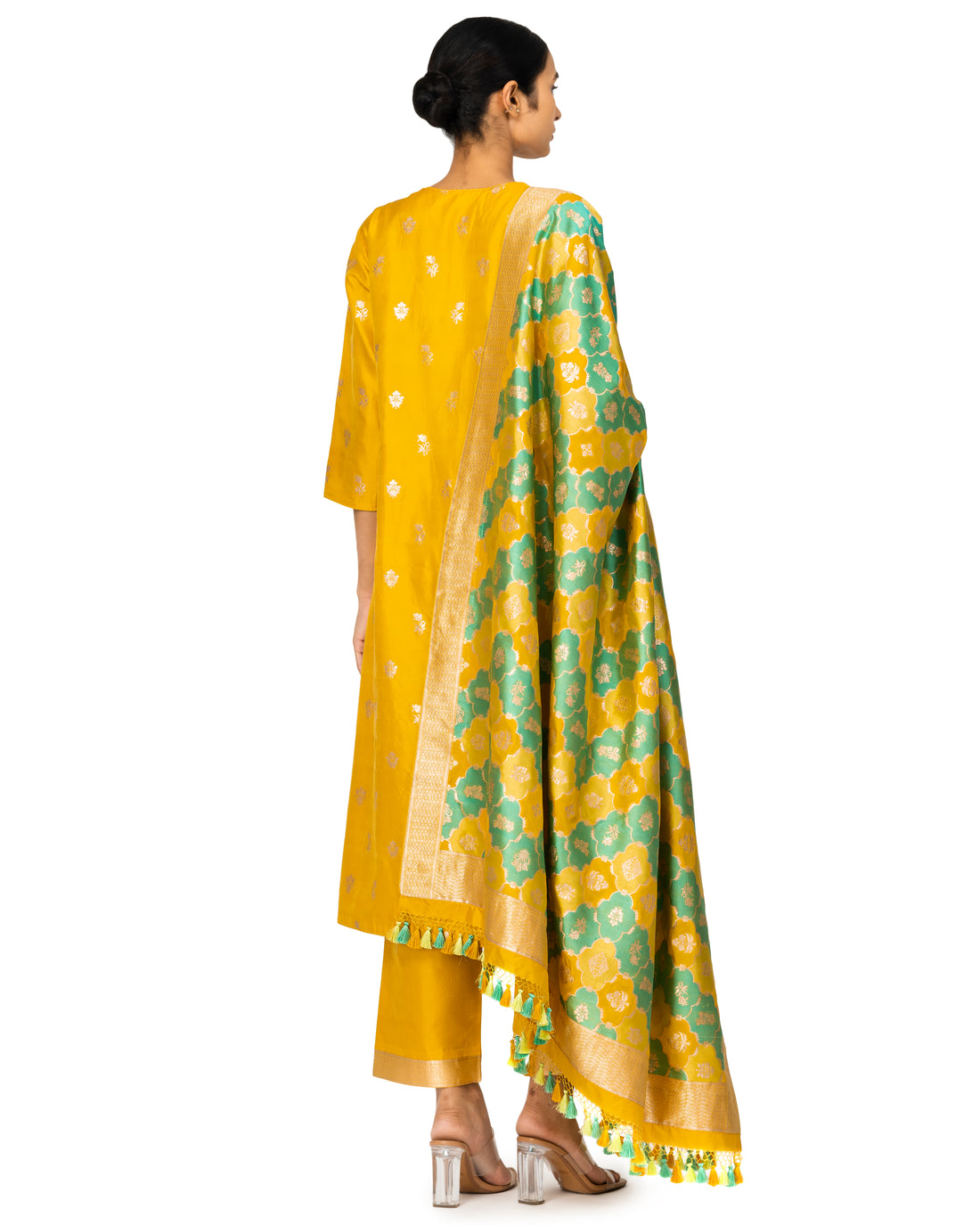 Banarasi Katan Silk Suit Set With Rangkat Dupatta In Ochre