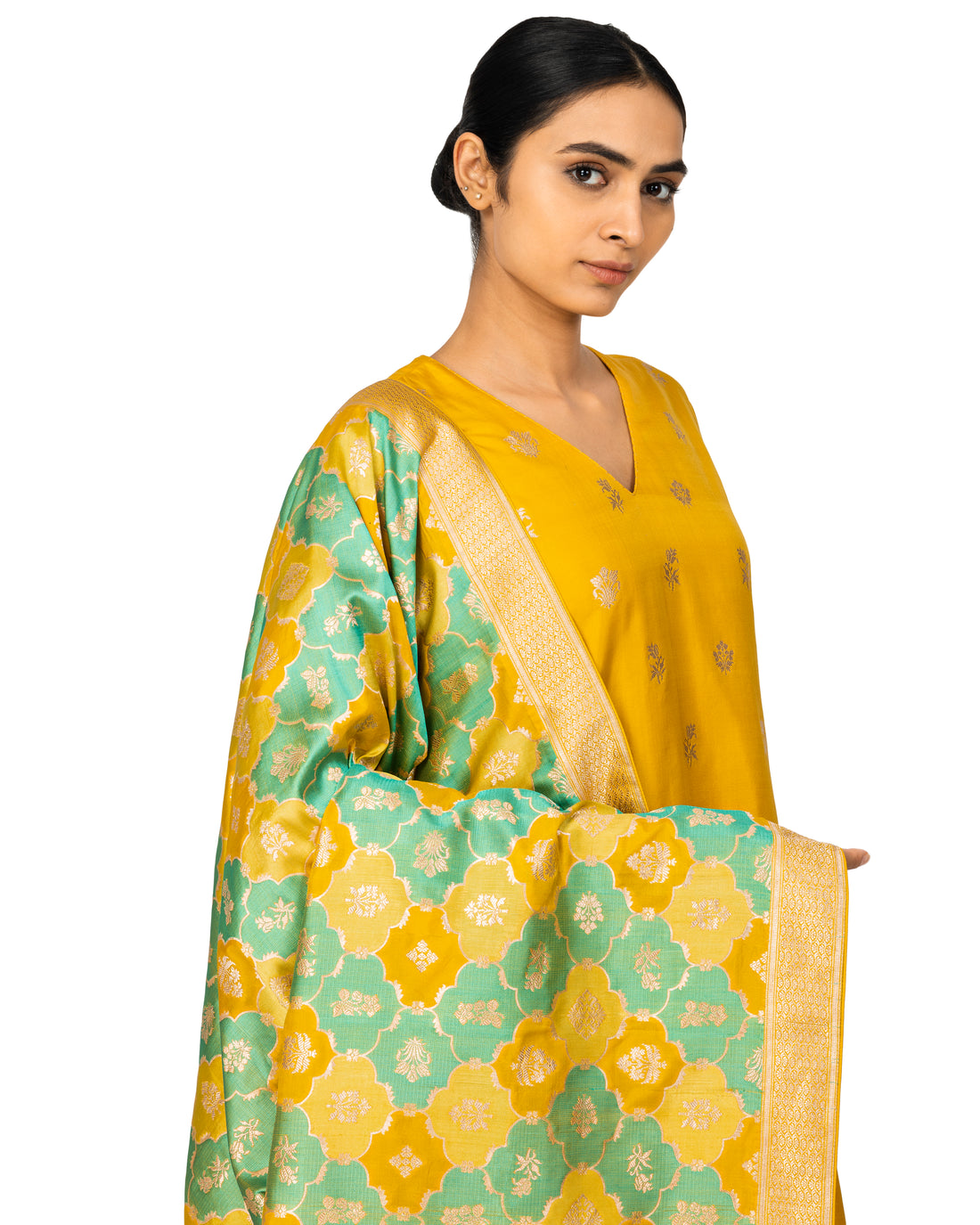 Banarasi Katan Silk Suit Set With Rangkat Dupatta In Ochre