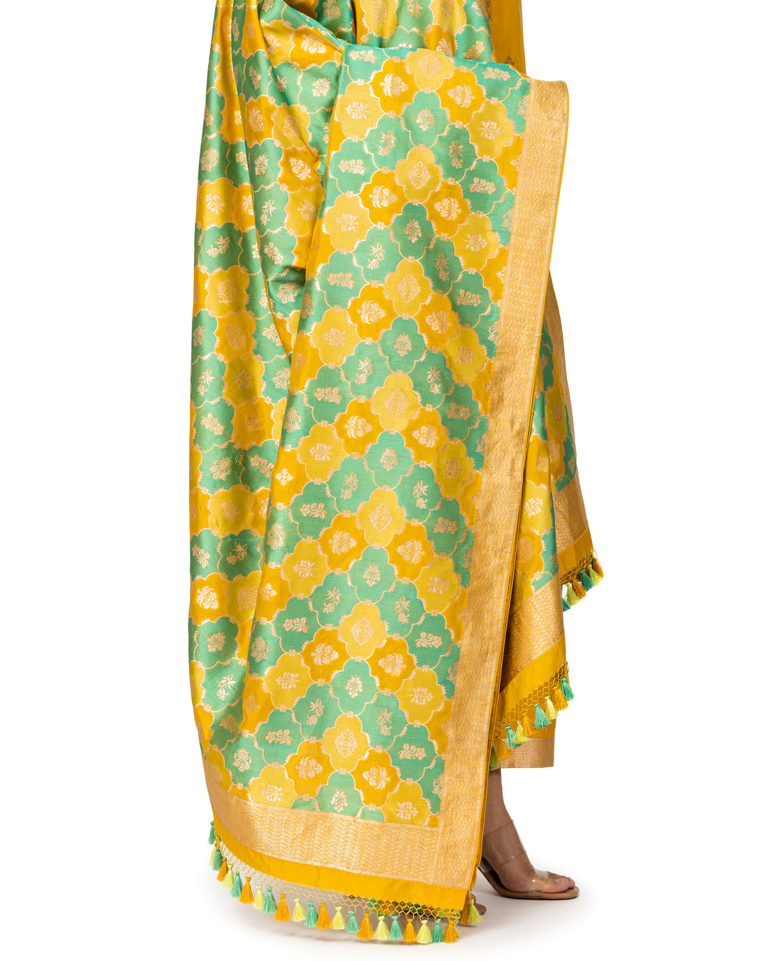 Banarasi Katan Silk Suit Set With Rangkat Dupatta In Ochre