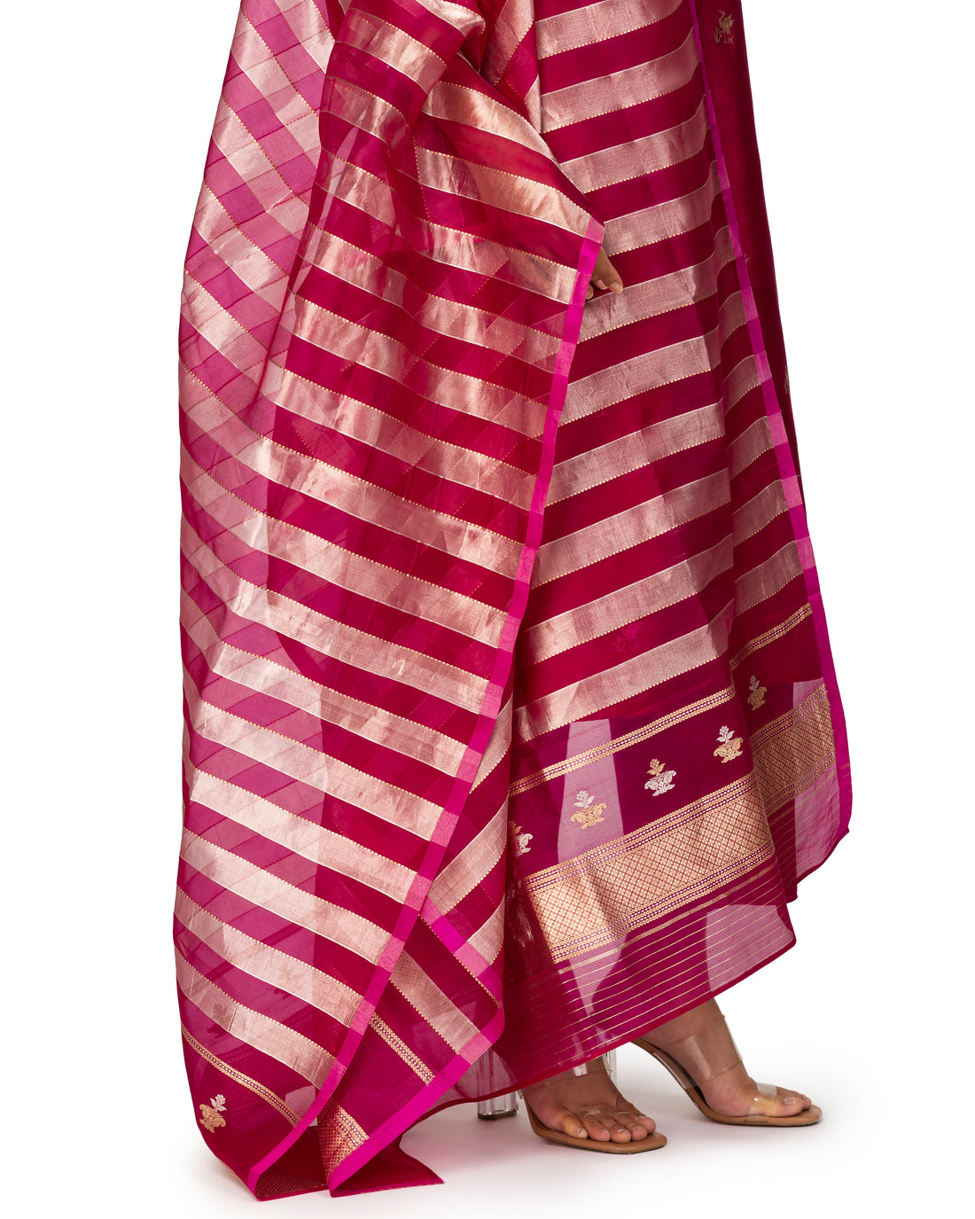 Banarasi Katan Silk Suit Set With Organza Dupatta In Magenta
