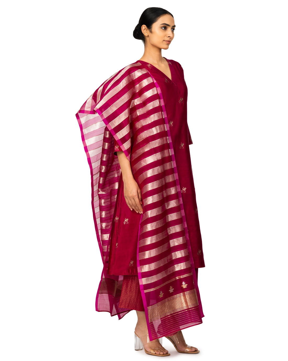 Banarasi Katan Silk Suit Set With Organza Dupatta In Magenta