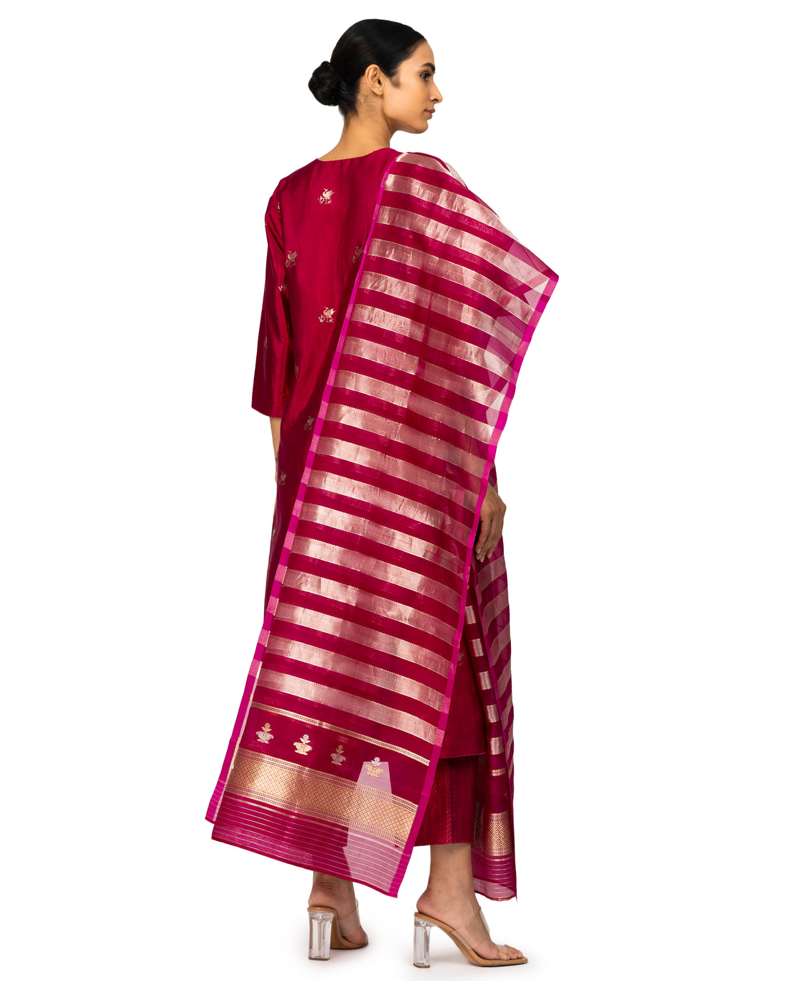 Banarasi Katan Silk Suit Set With Organza Dupatta In Magenta