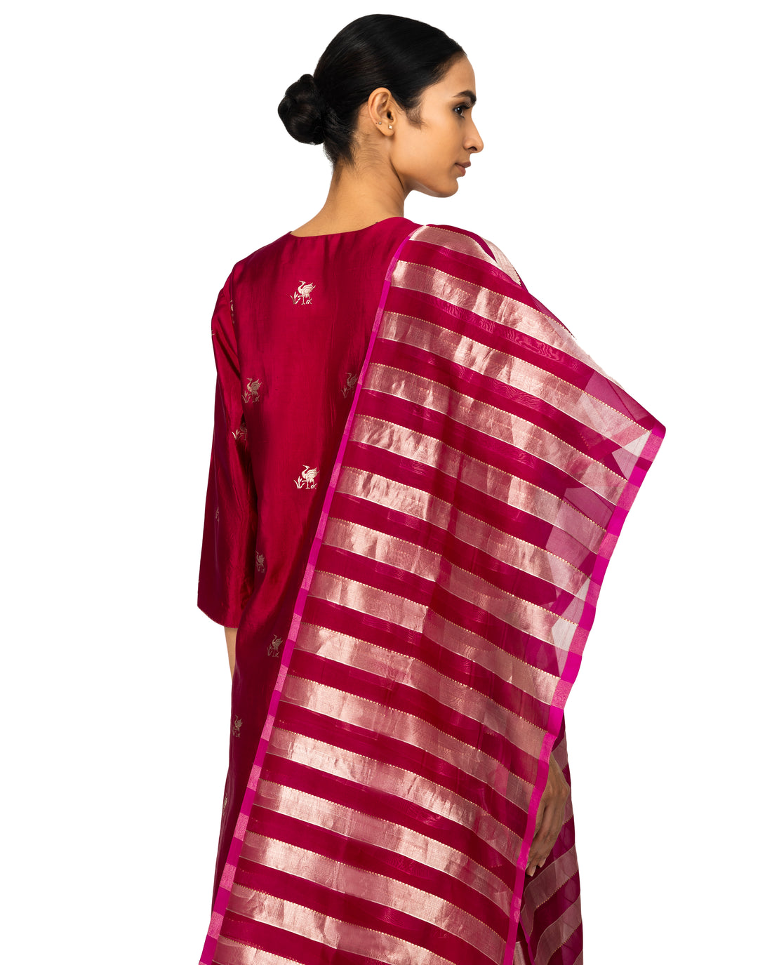 Banarasi Katan Silk Suit Set With Organza Dupatta In Magenta