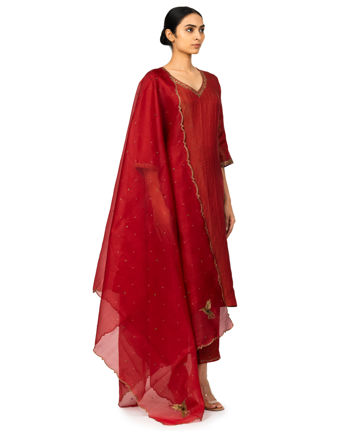 Banarasi Katan Silk Suit Set With Organza Dupatta In Cherry Red