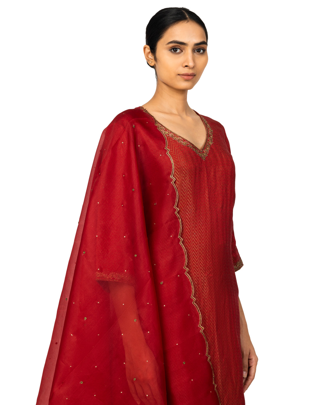 Banarasi Katan Silk Suit Set With Organza Dupatta In Cherry Red