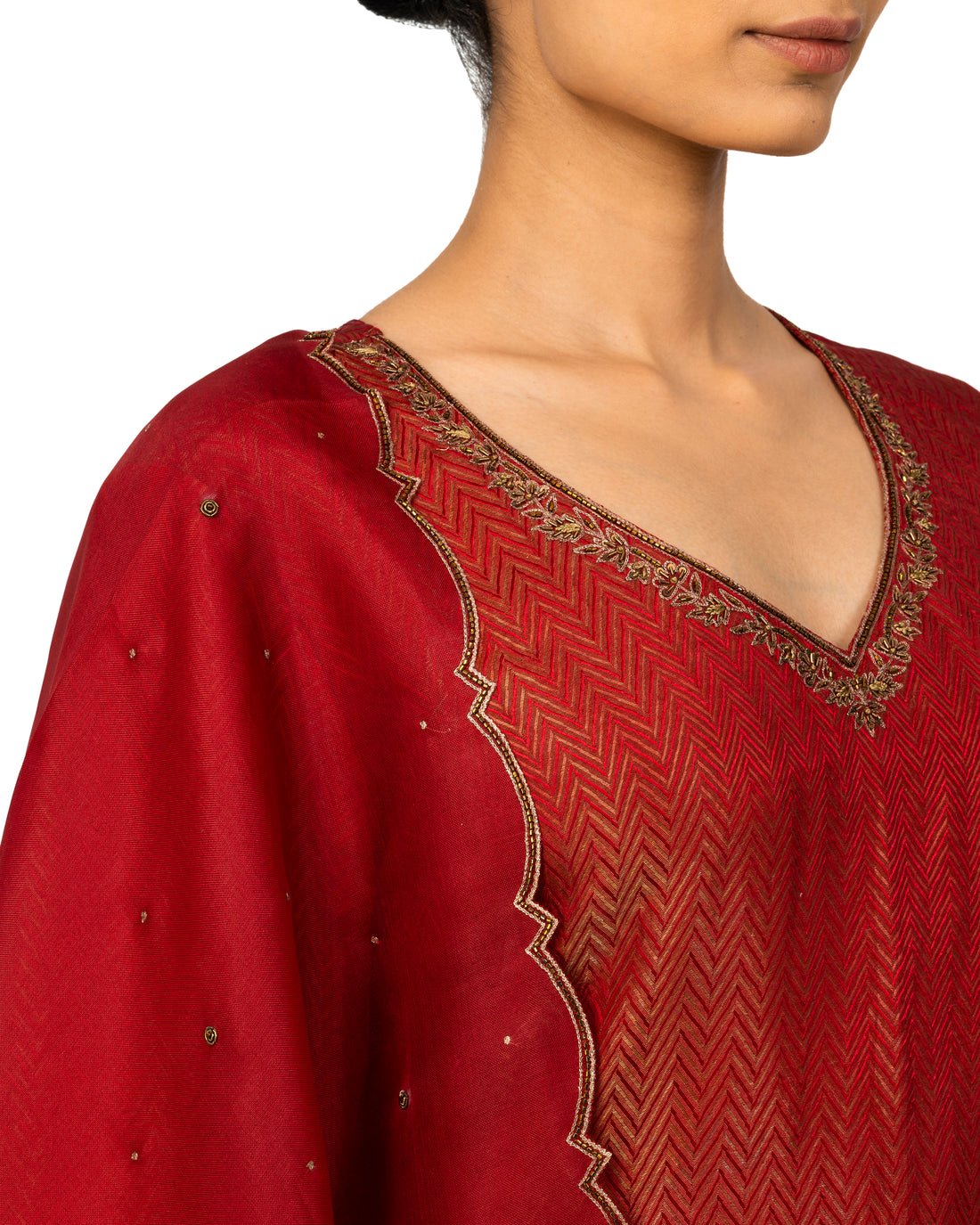 Banarasi Katan Silk Suit Set With Organza Dupatta In Cherry Red