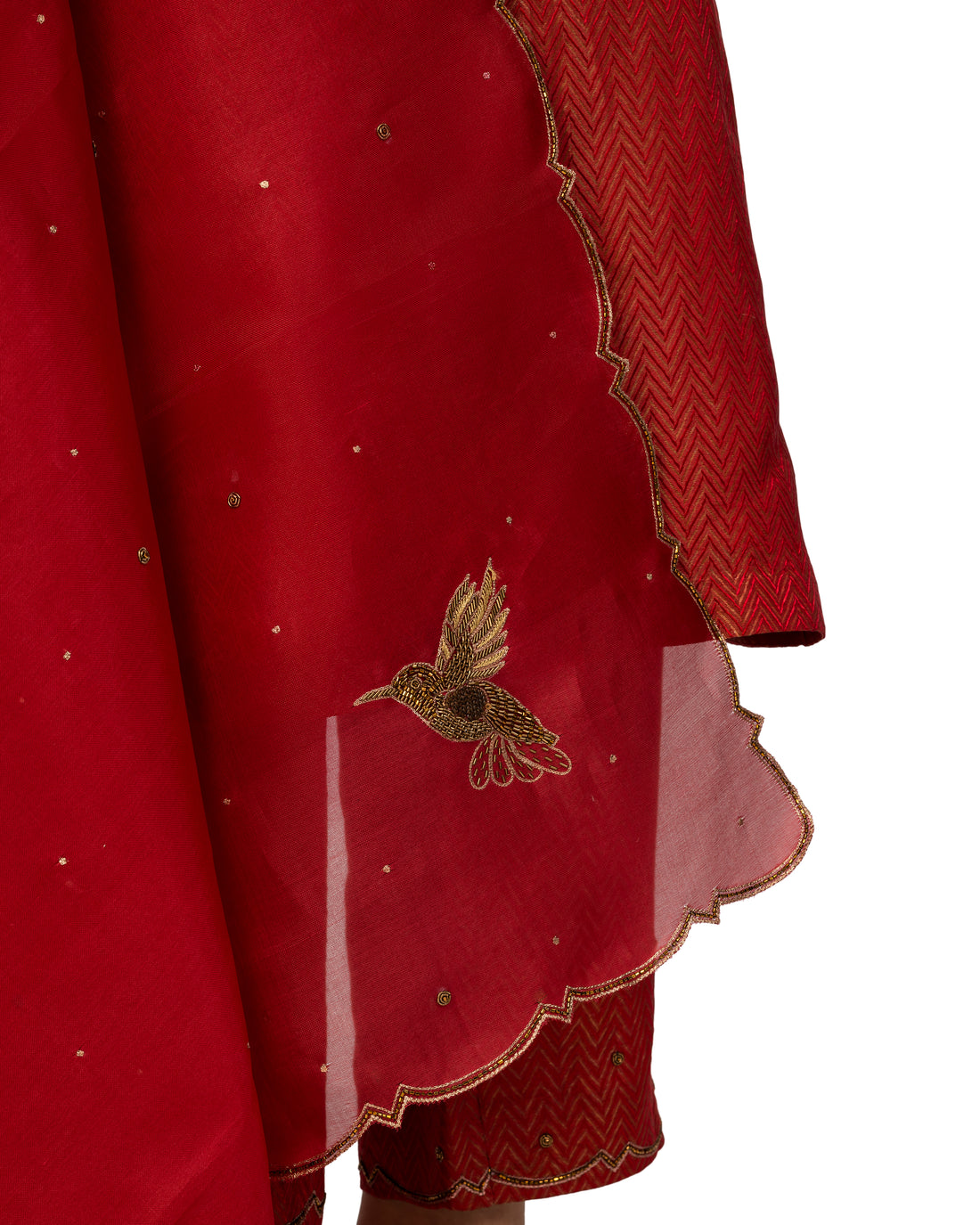 Banarasi Katan Silk Suit Set With Organza Dupatta In Cherry Red