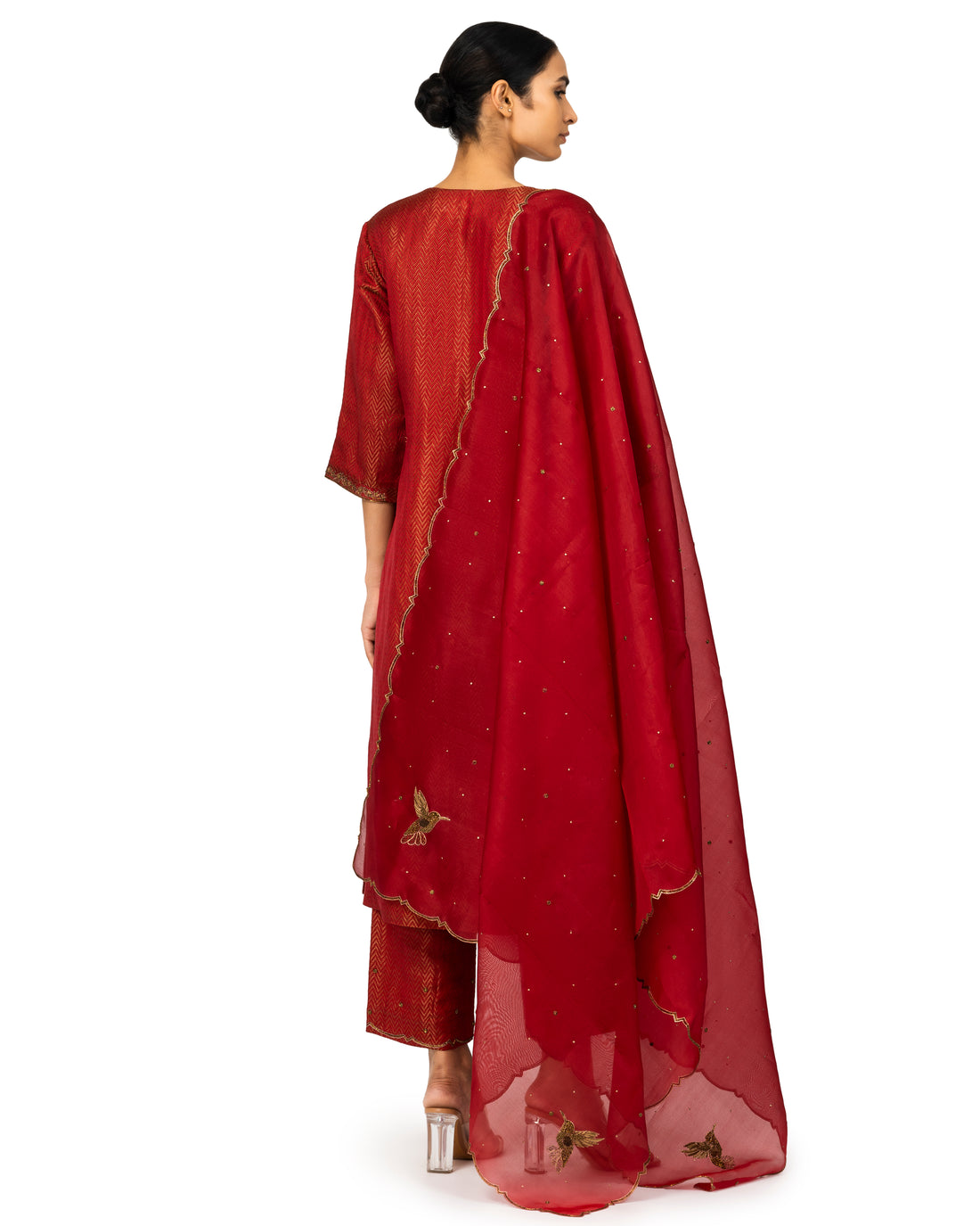Banarasi Katan Silk Suit Set With Organza Dupatta In Cherry Red