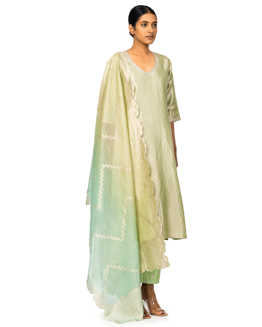 Banarasi Katan Silk Suit Set With Organza Dupatta In Powder Blue