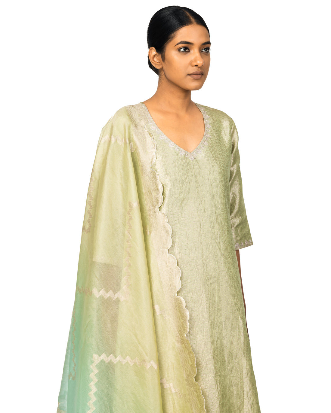 Banarasi Katan Silk Suit Set With Organza Dupatta In Powder Blue