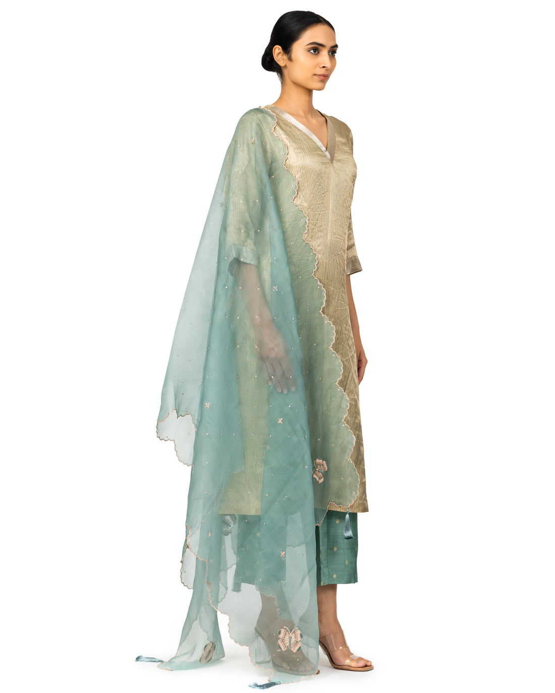 Banarasi Tissue-Silk Suit Set With Organza Dupatta In Powder Blue