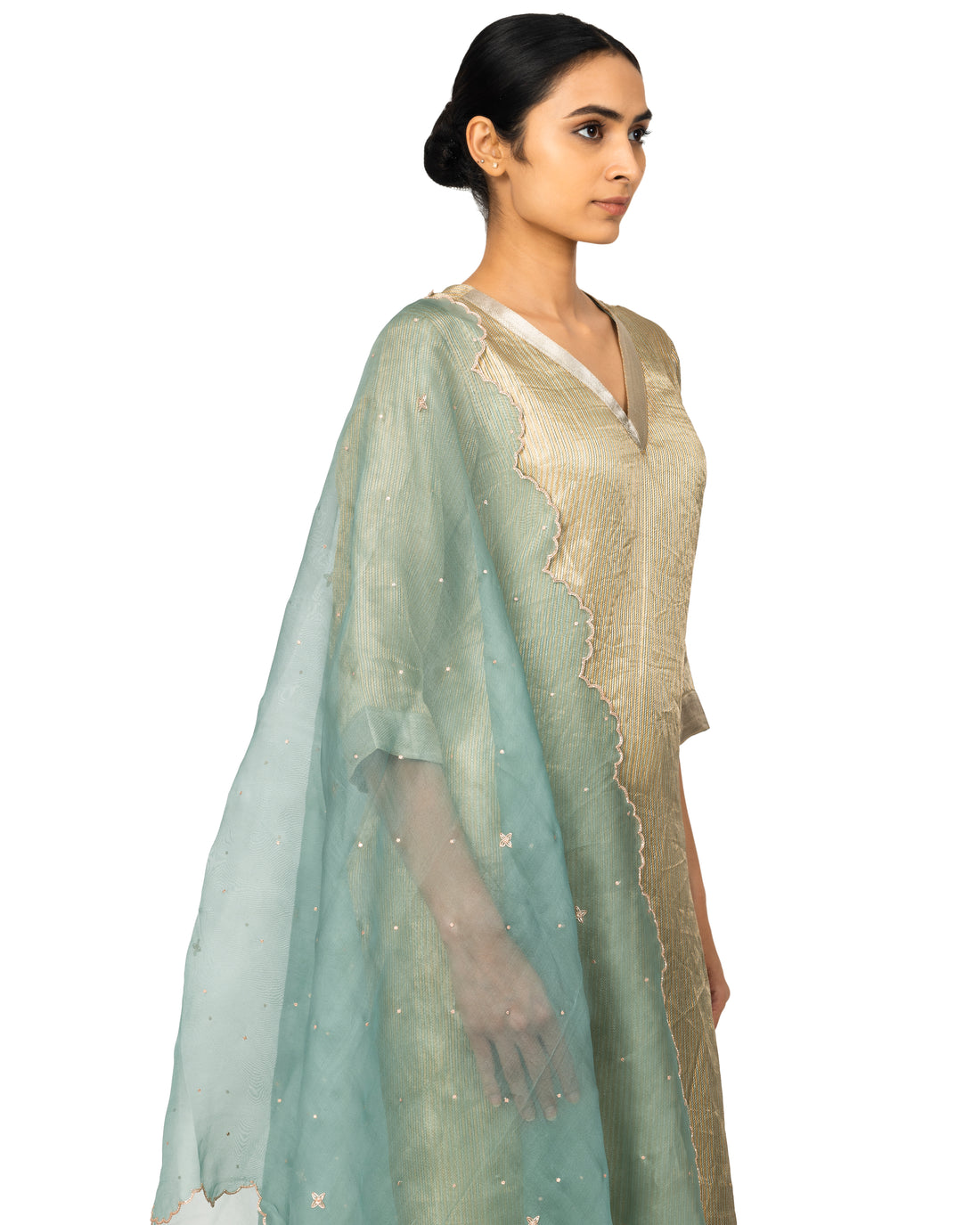 Banarasi Tissue-Silk Suit Set With Organza Dupatta In Powder Blue