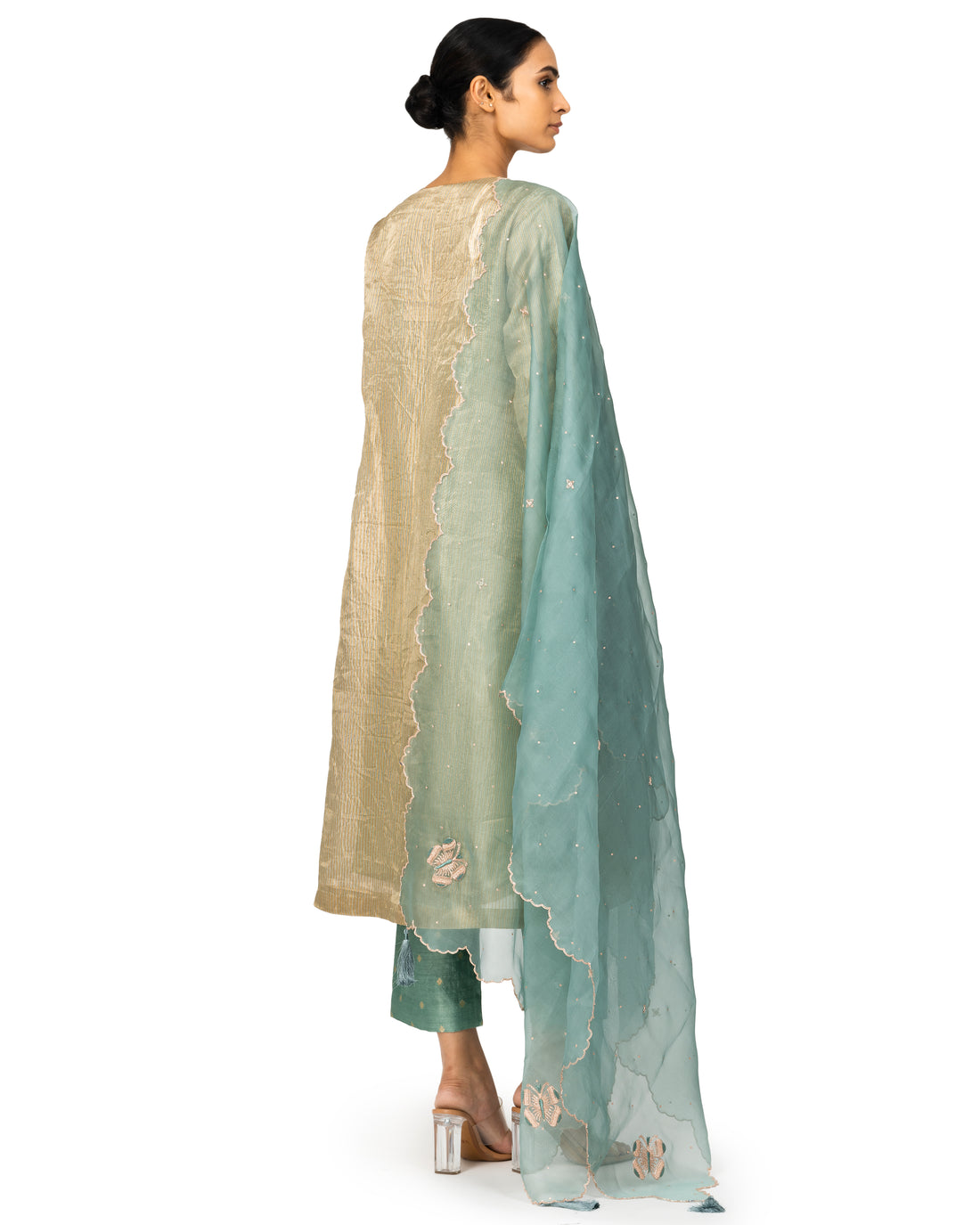 Banarasi Tissue-Silk Suit Set With Organza Dupatta In Powder Blue