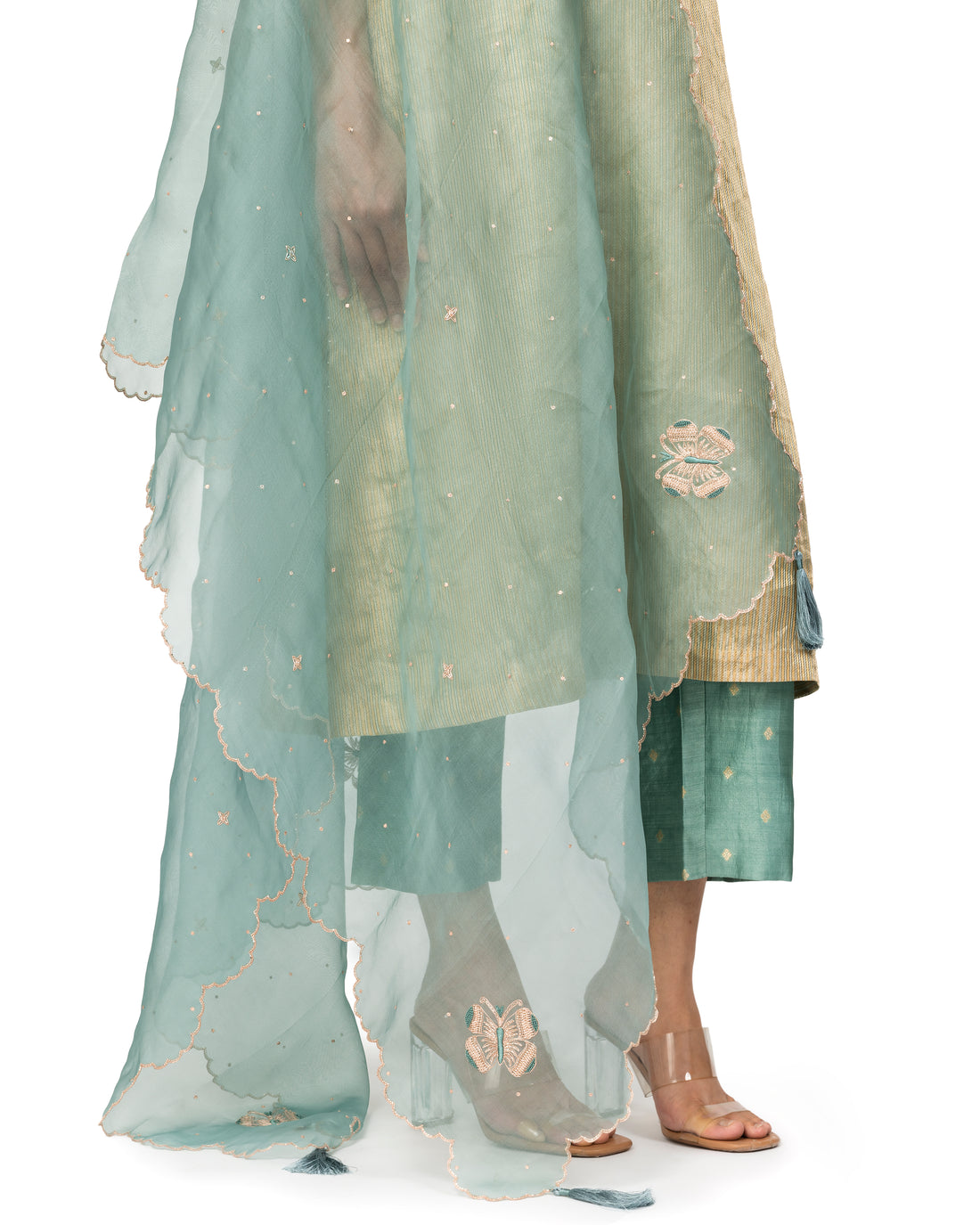 Banarasi Tissue-Silk Suit Set With Organza Dupatta In Powder Blue
