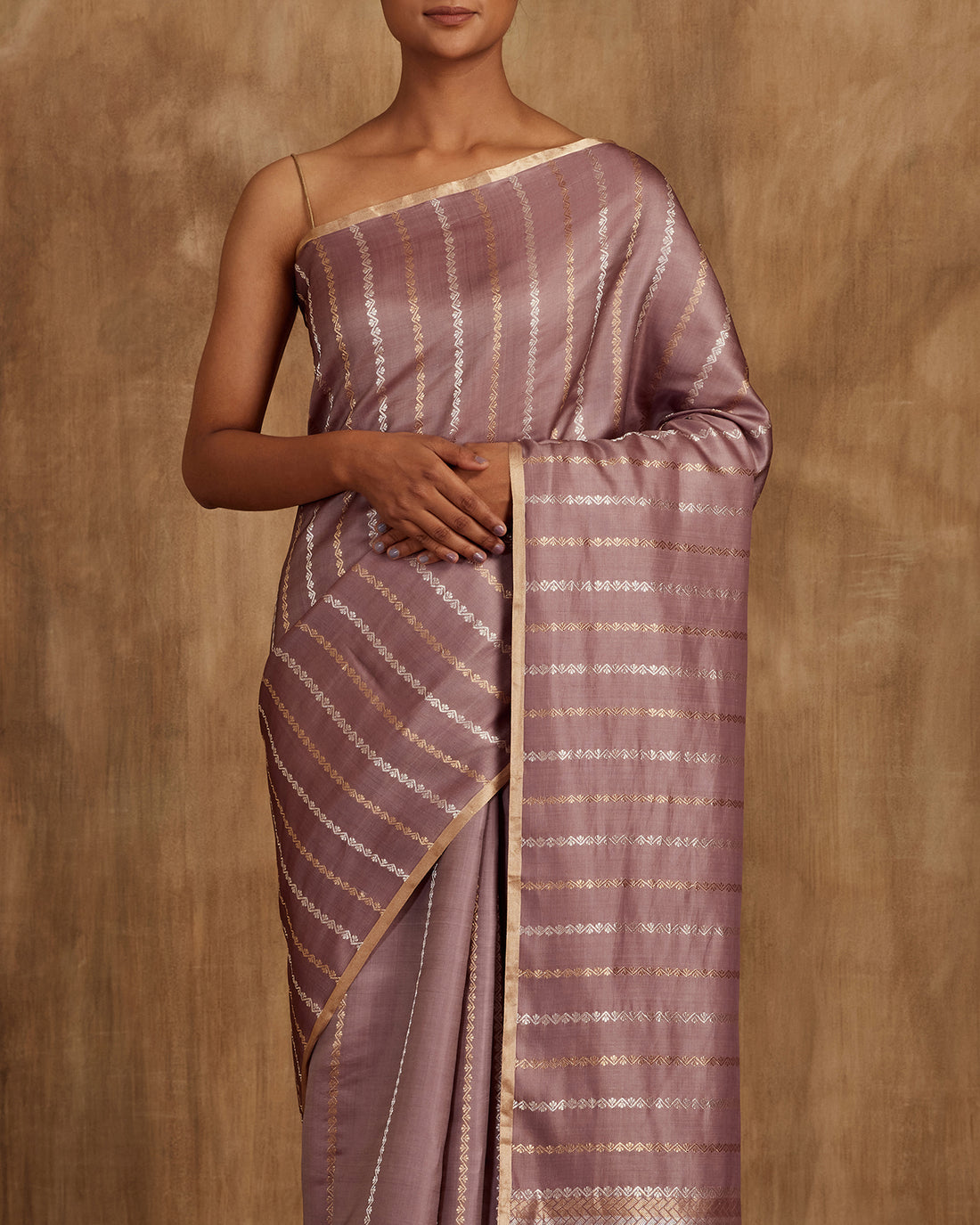 Nitya gold silver Zari Stripe Saree  Satin