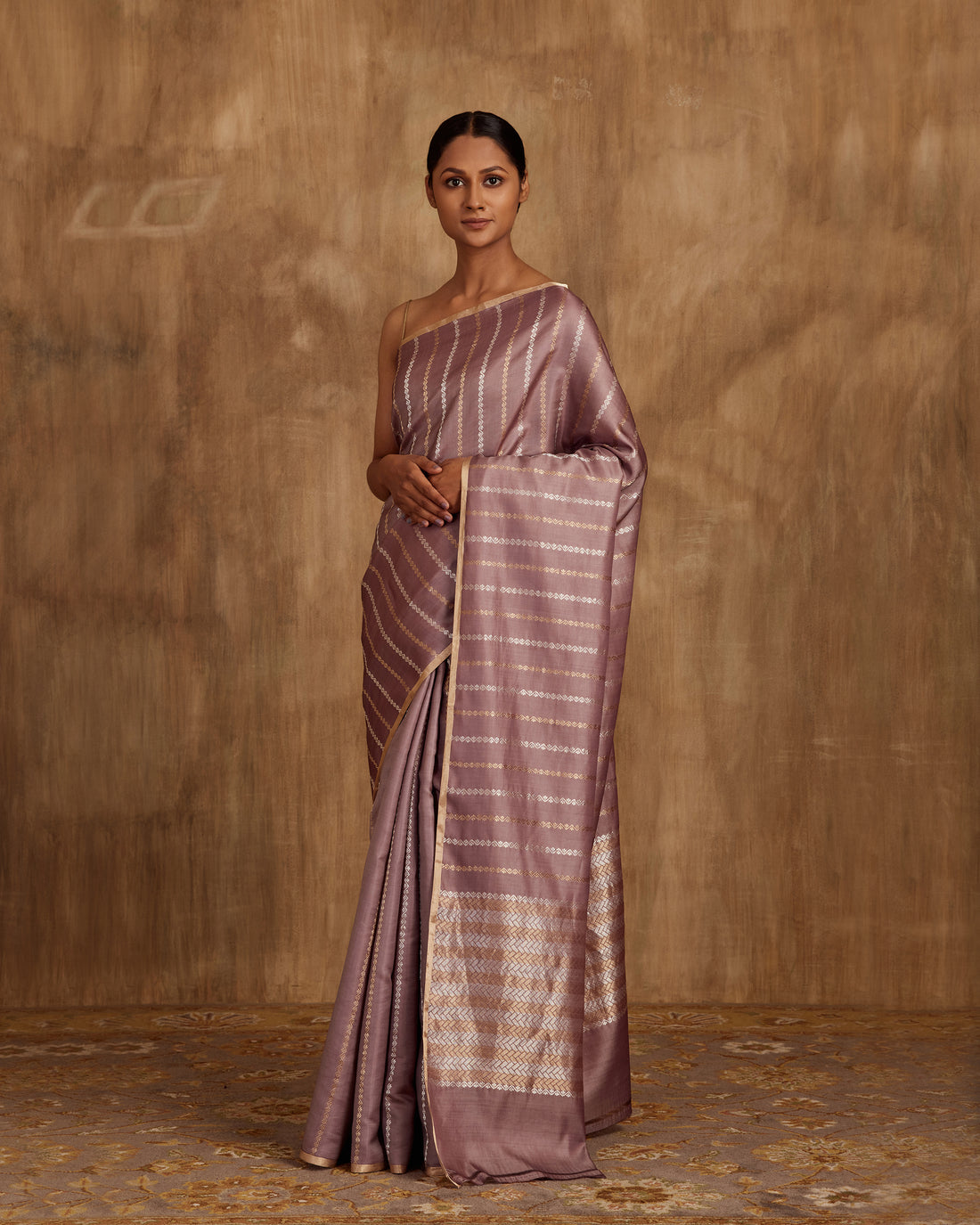 Nitya gold silver Zari Stripe Saree  Satin