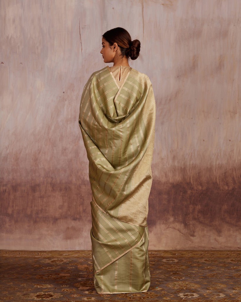 Nitya Silver gold Stripe weave Saree Satin