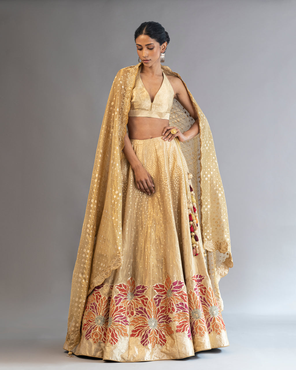 Floral Embroidered Lehenga In Tissue Silk