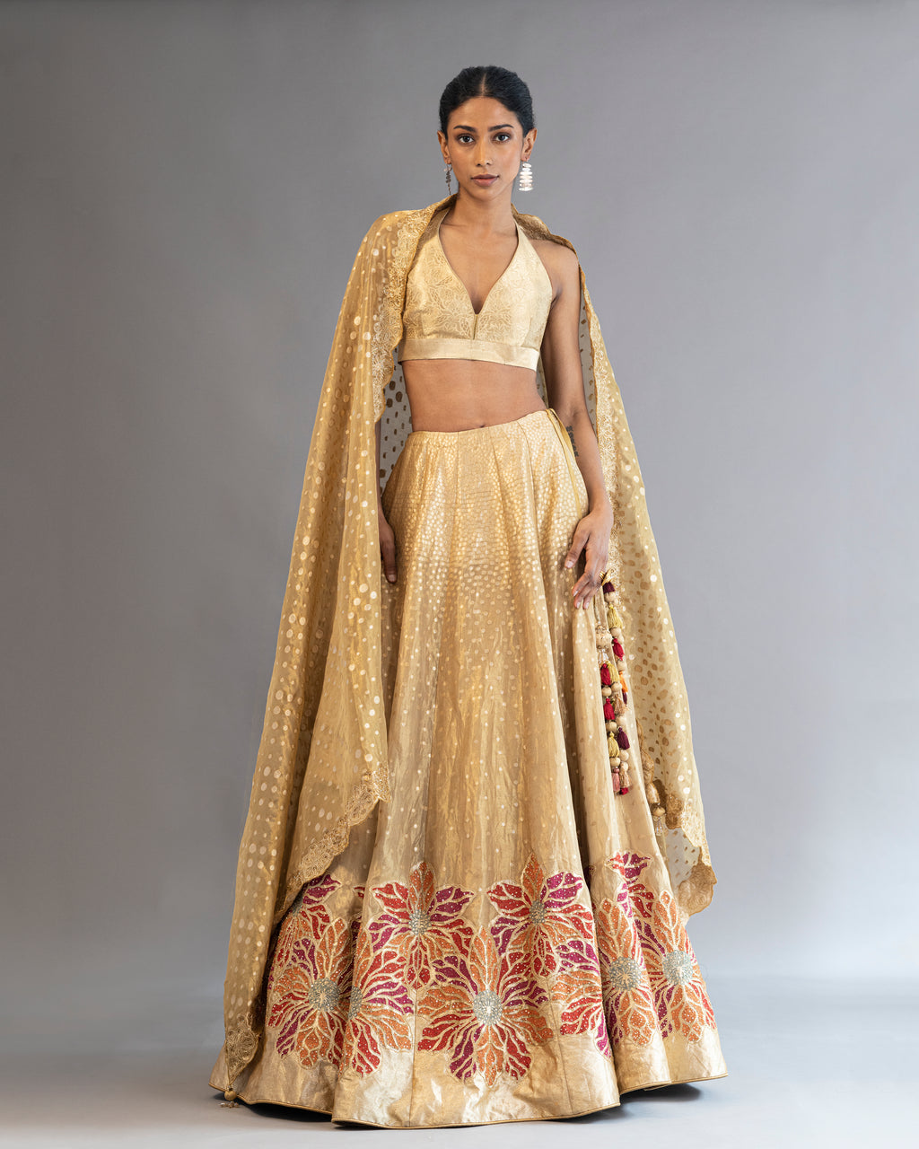 Floral Embroidered Lehenga In Tissue Silk