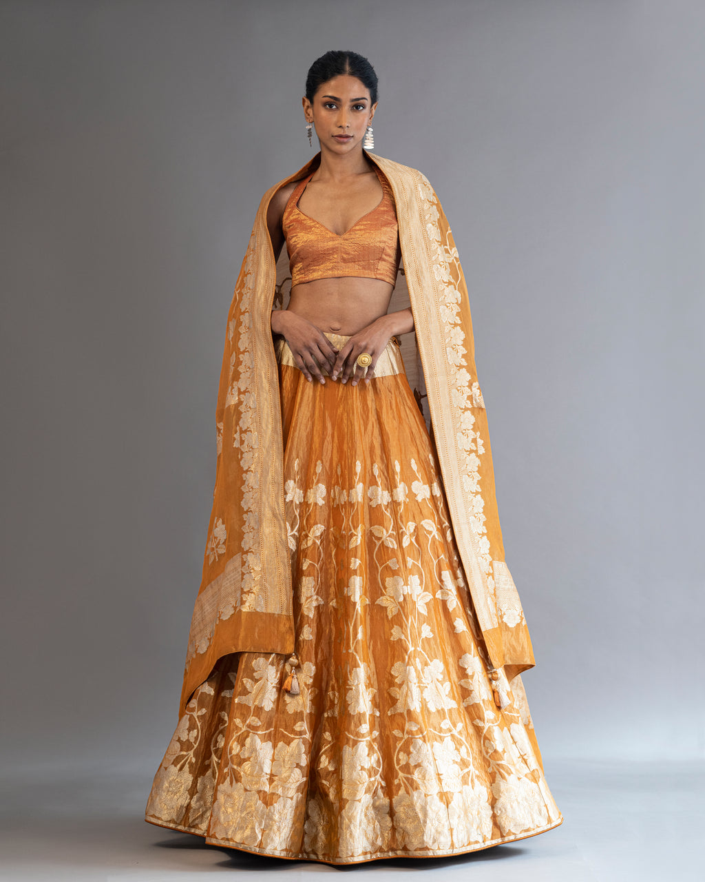 Apricot Handwoven Kora Lehenga