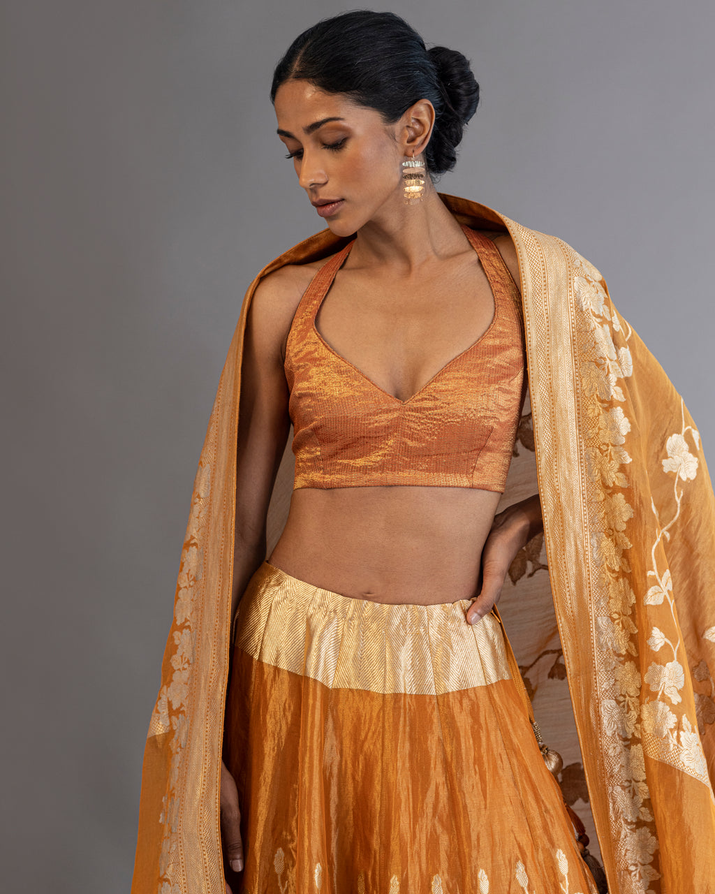 Apricot Handwoven Kora Lehenga