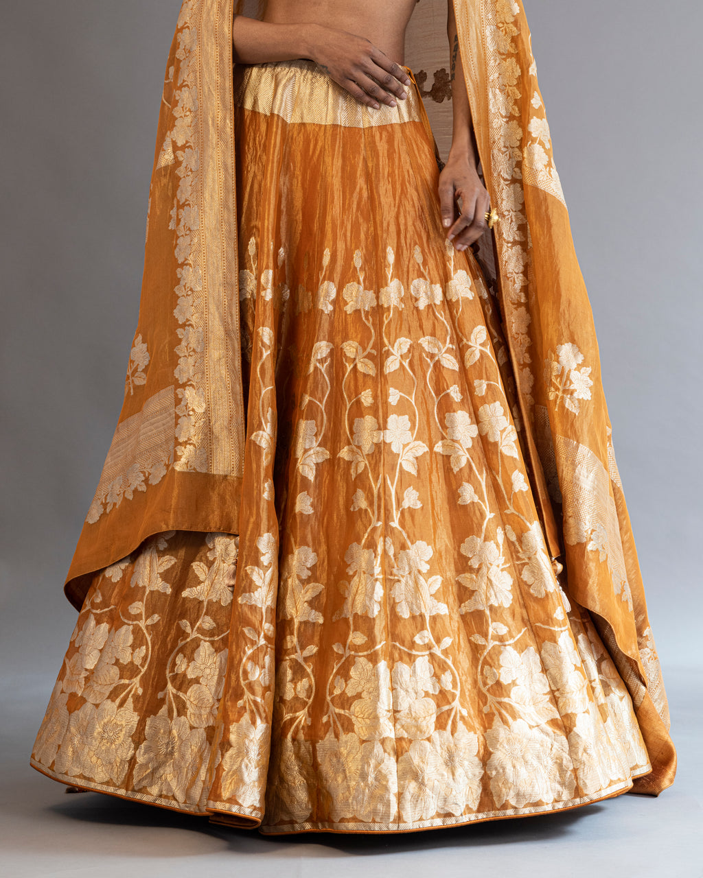 Apricot Handwoven Kora Lehenga