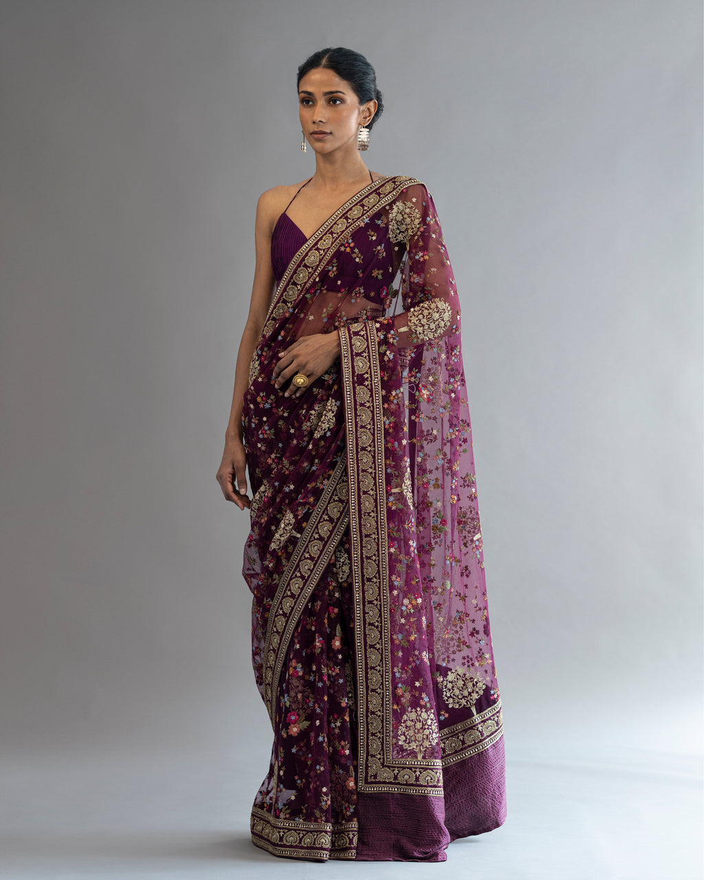 Sangria Hand Embroidered Pure Net Saree