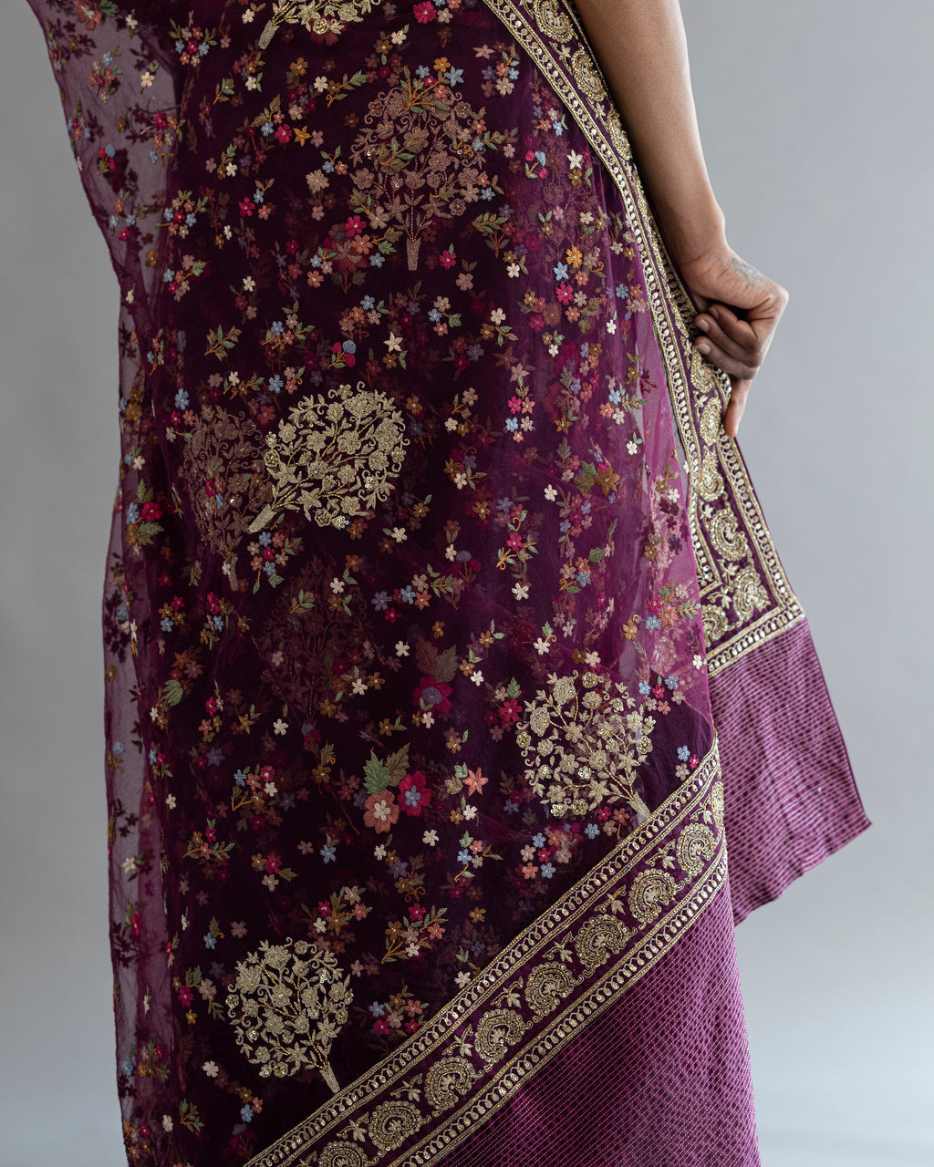 Sangria Hand Embroidered Pure Net Saree