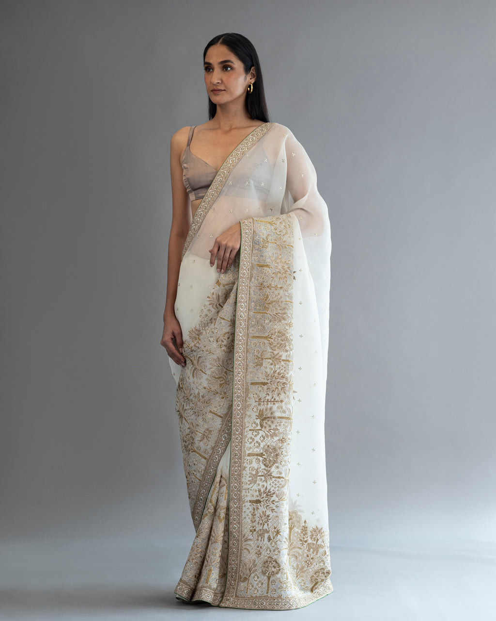Creamy Fiesta Hand Embroidered Kora Saree