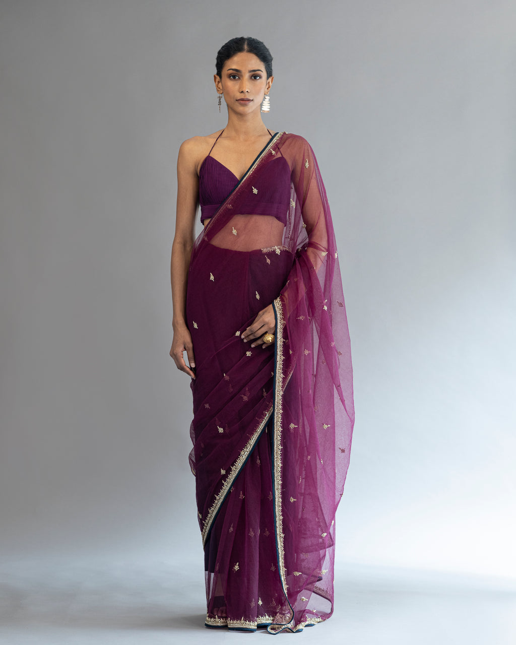 Royal Purple Hand Embroidered Kora Saree