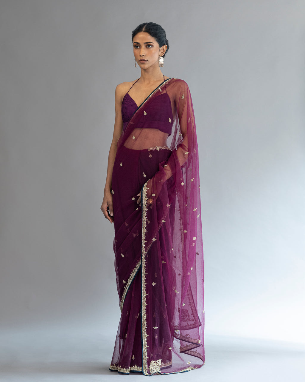 Royal Purple Hand Embroidered Kora Saree