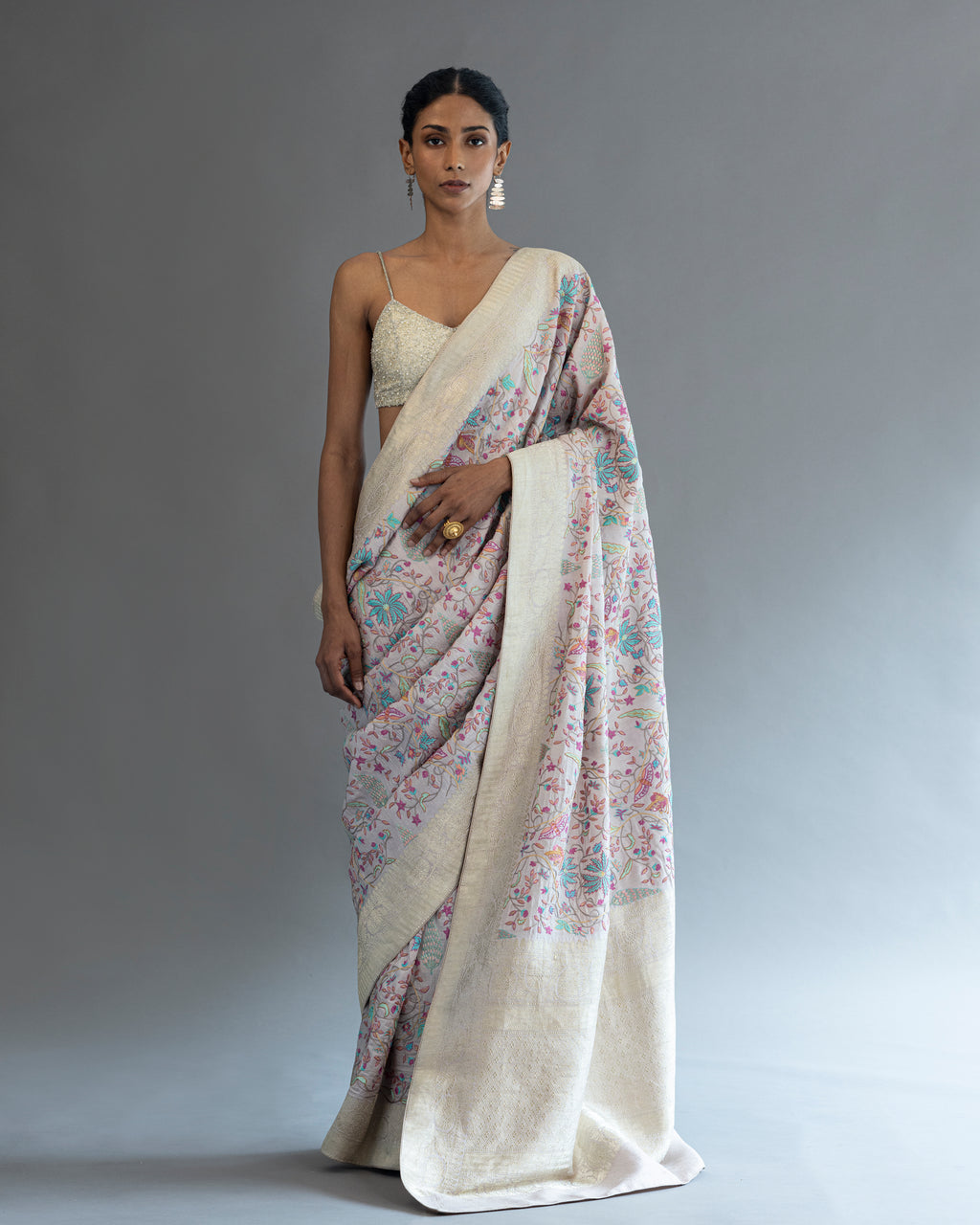 Lilac Luxe Hand Embroidered Pure Tusser-Georgette Saree