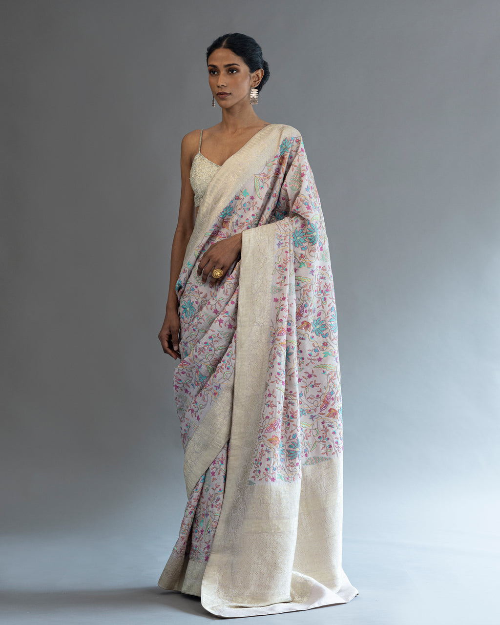 Lilac Luxe Hand Embroidered Pure Tusser-Georgette Saree
