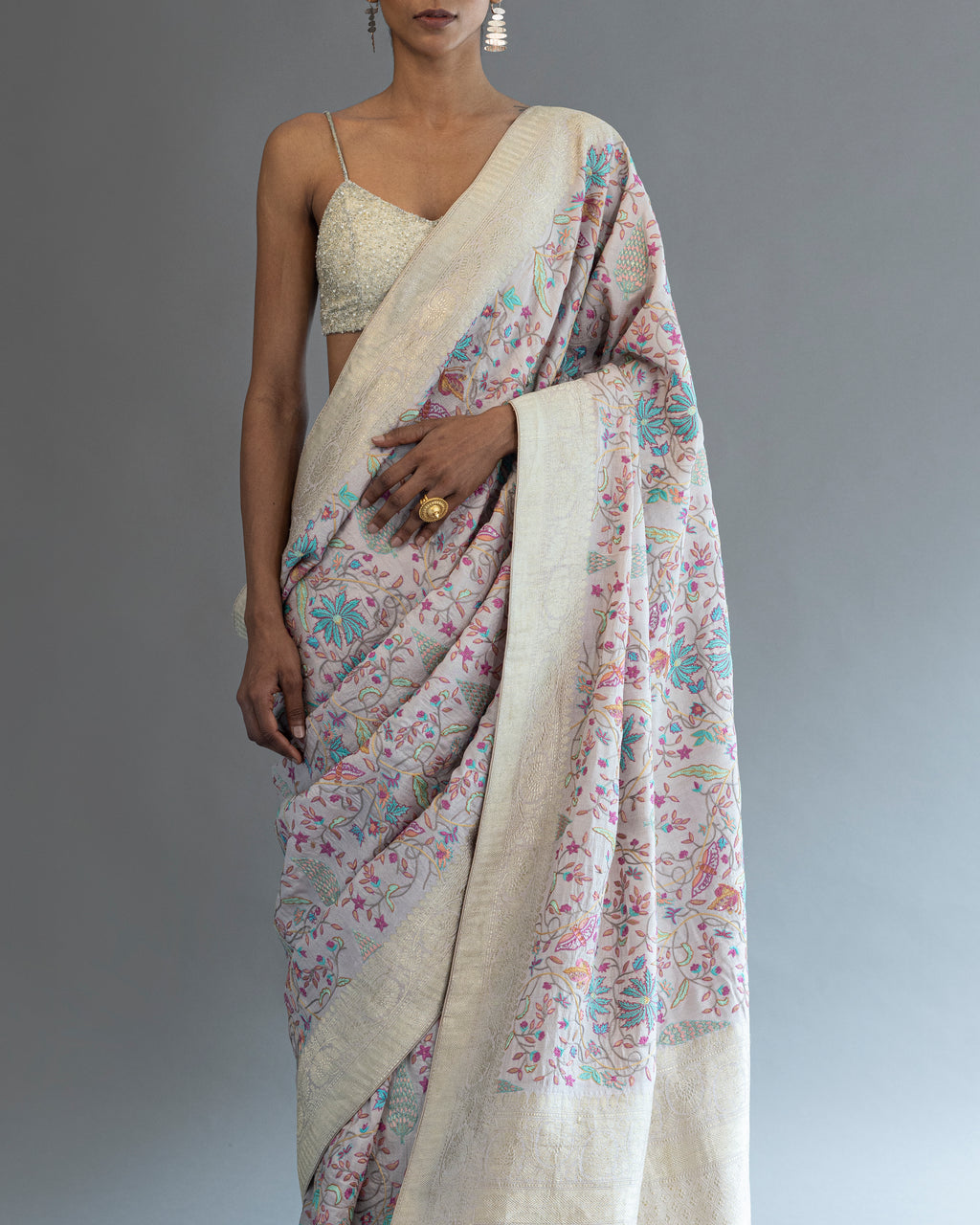 Lilac Luxe Hand Embroidered Pure Tusser-Georgette Saree
