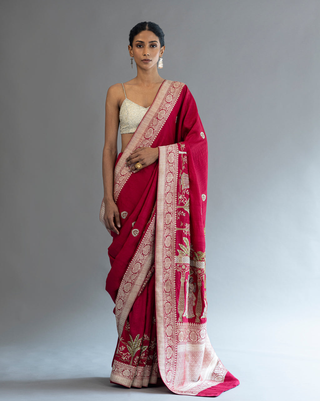 Ruby Hand Embroiderd Tusser-Georgette Saree