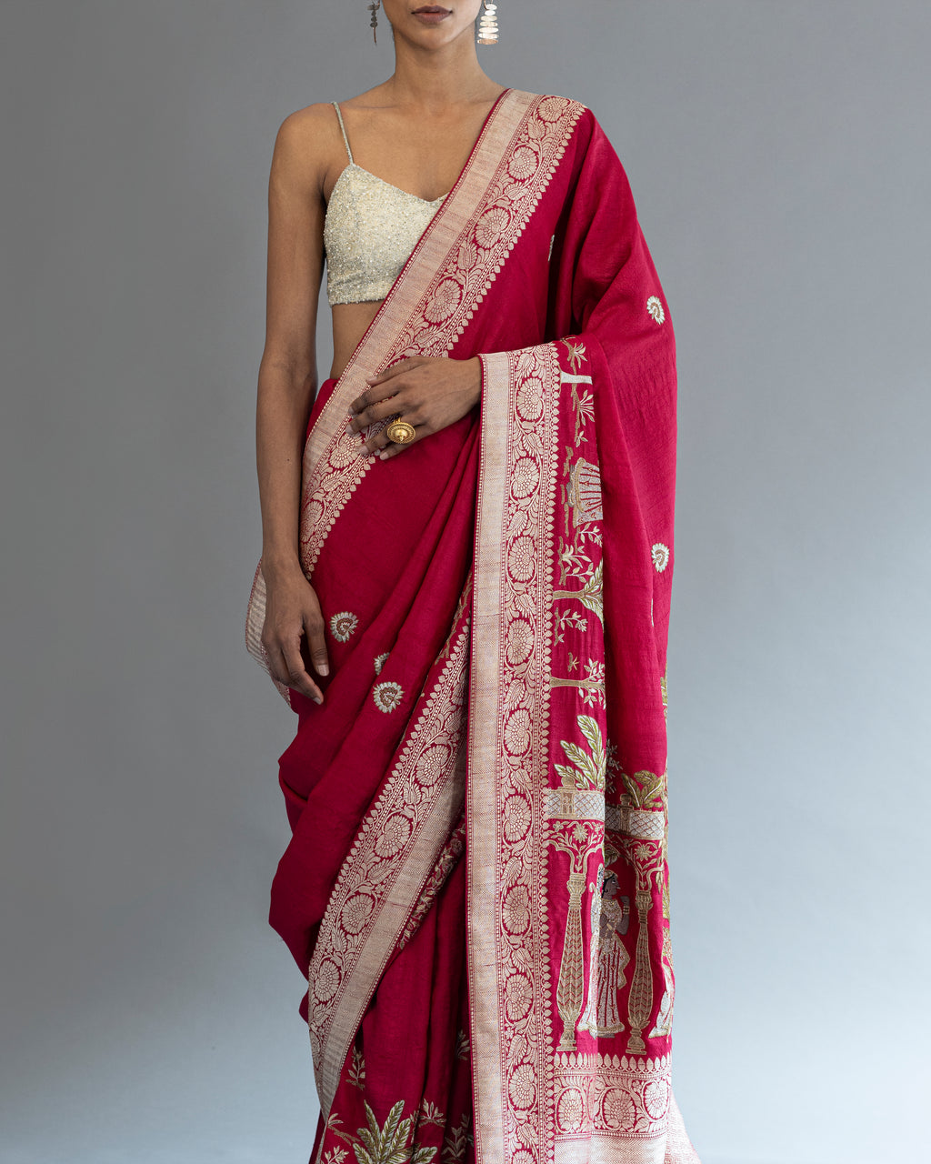 Ruby Hand Embroiderd Tusser-Georgette Saree