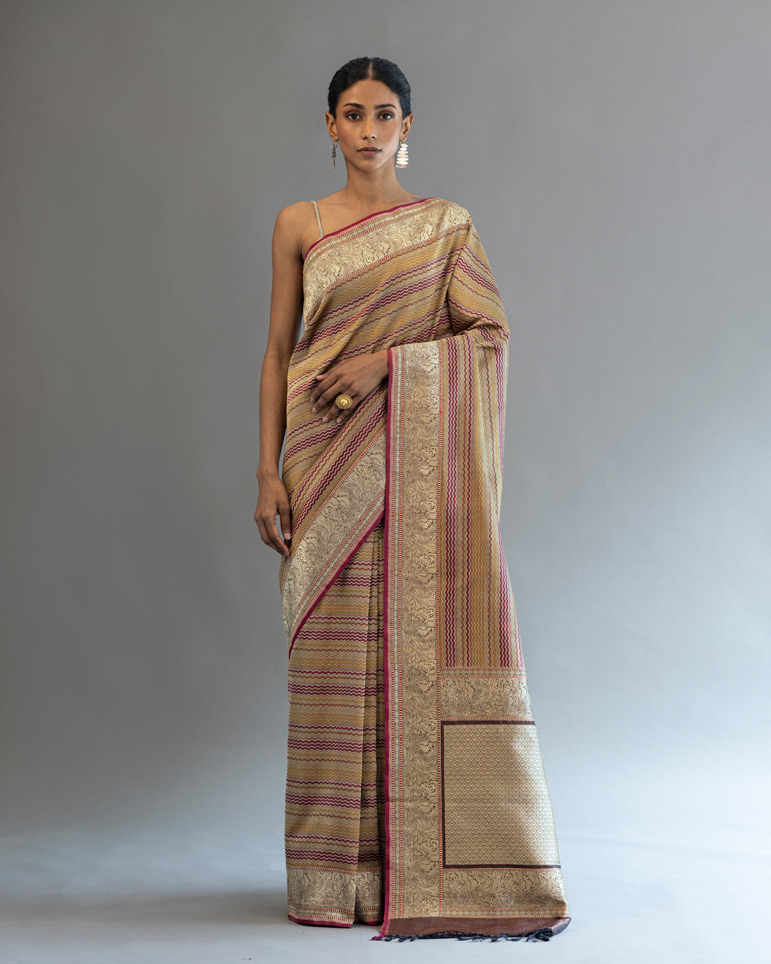Multi Colored Real Zari Stripe Saree