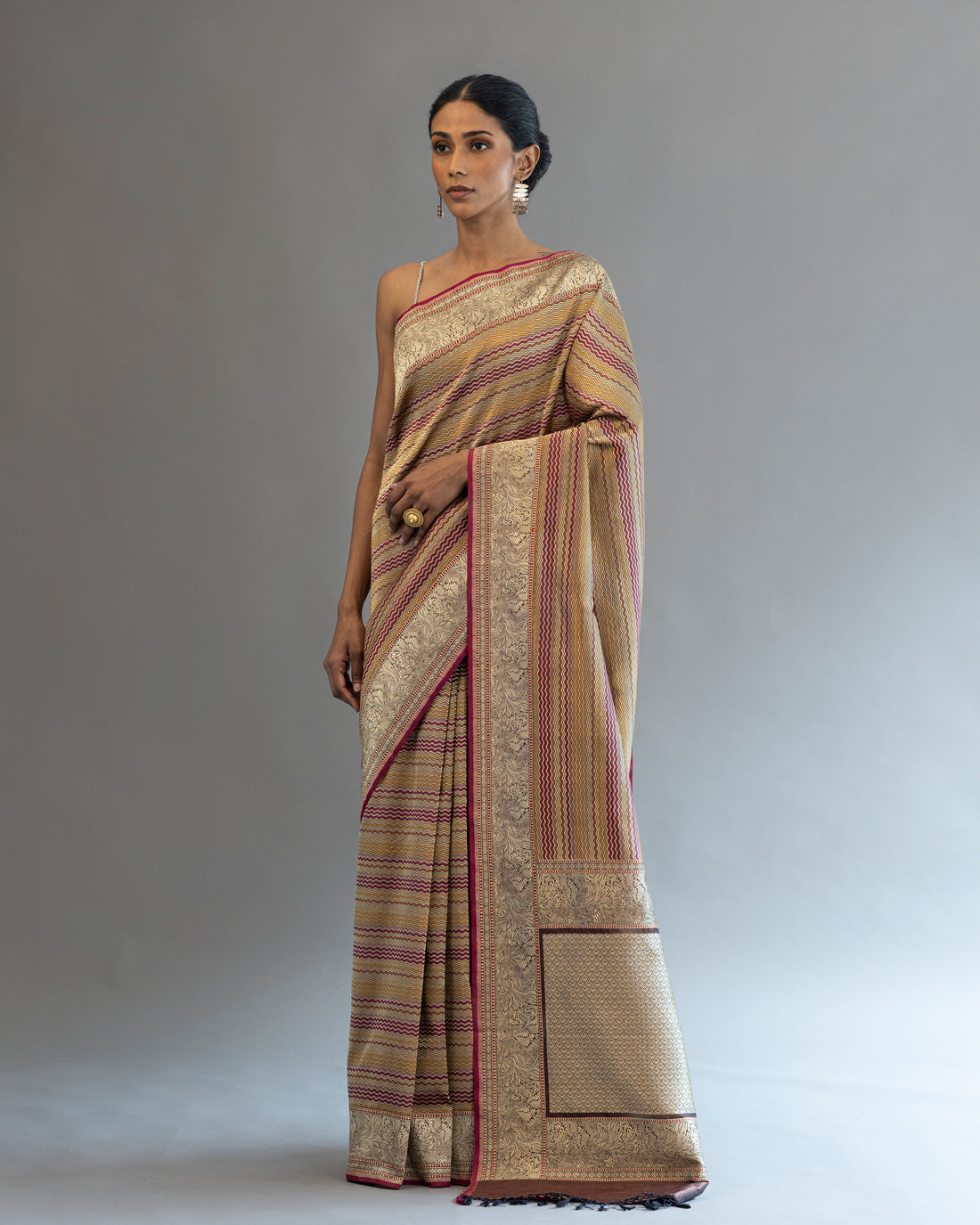 Multi Colored Real Zari Stripe Saree