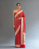 Red Real Zari Saree Featuring Gold Buti