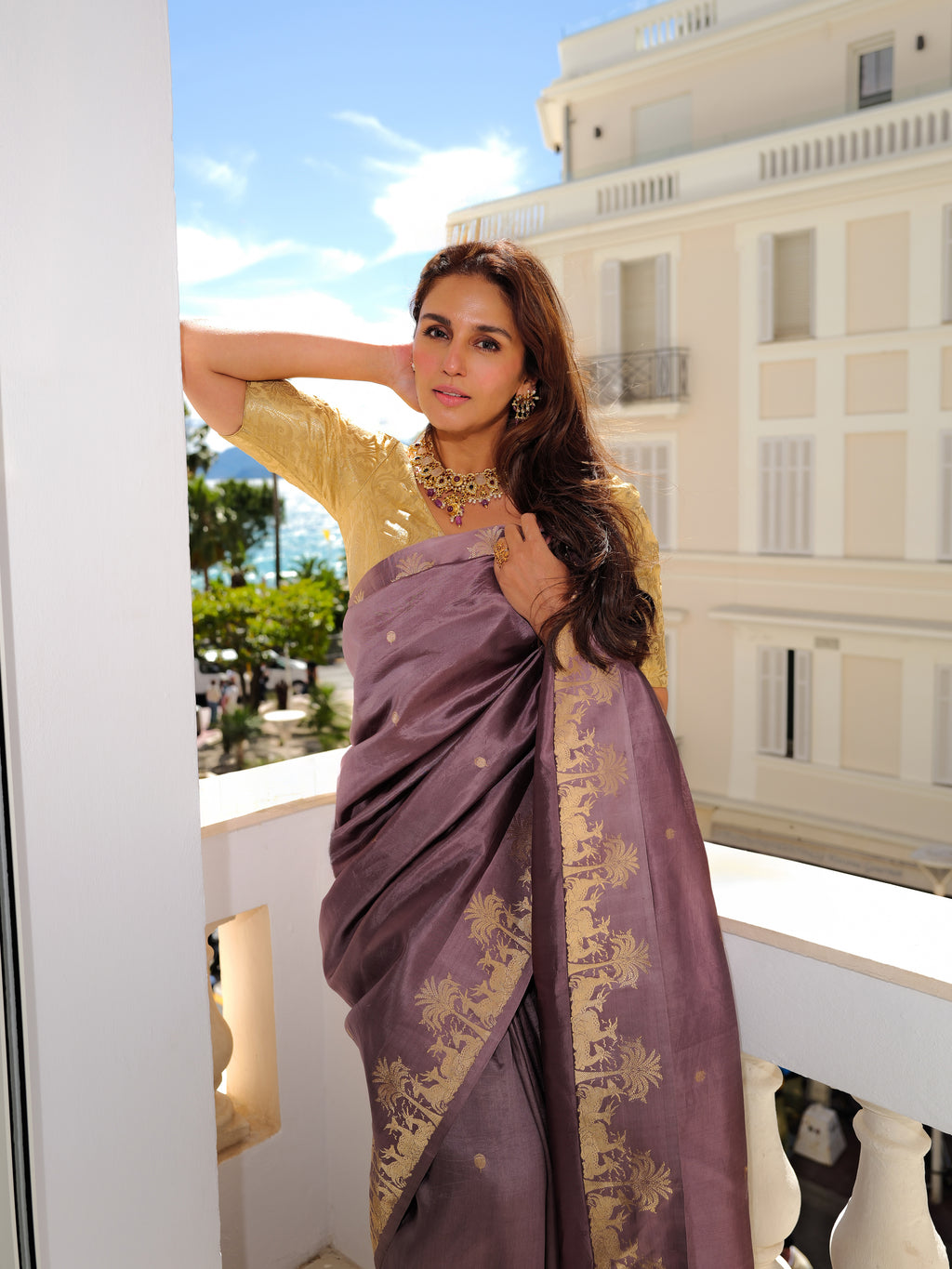 Huma Qureshi in Vintage Heather lavender silk saree, Shanti Banaras Summer 2026