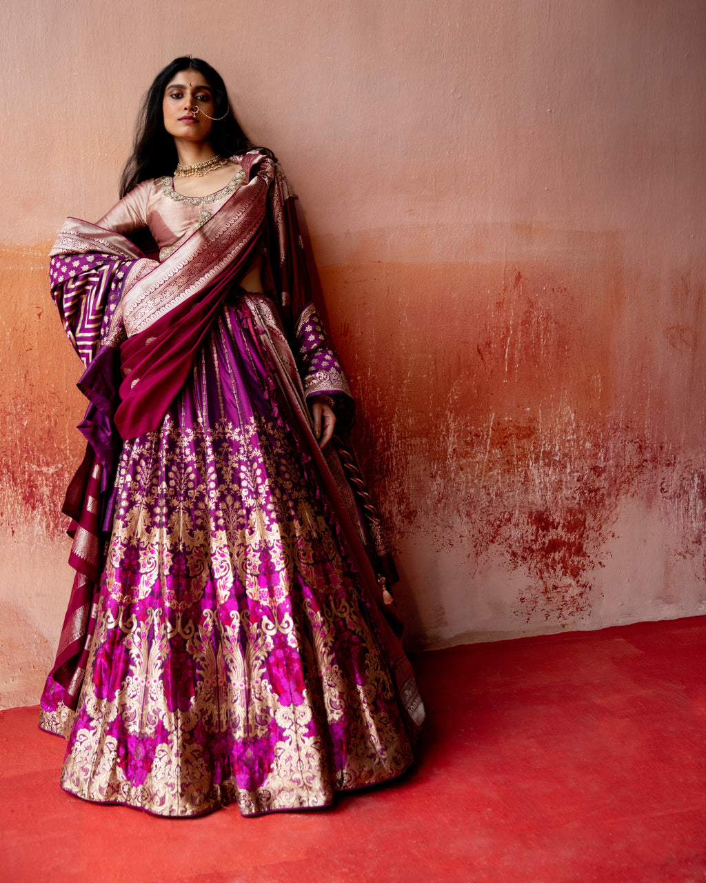 Amaranth Banarasi Silk Lehenga