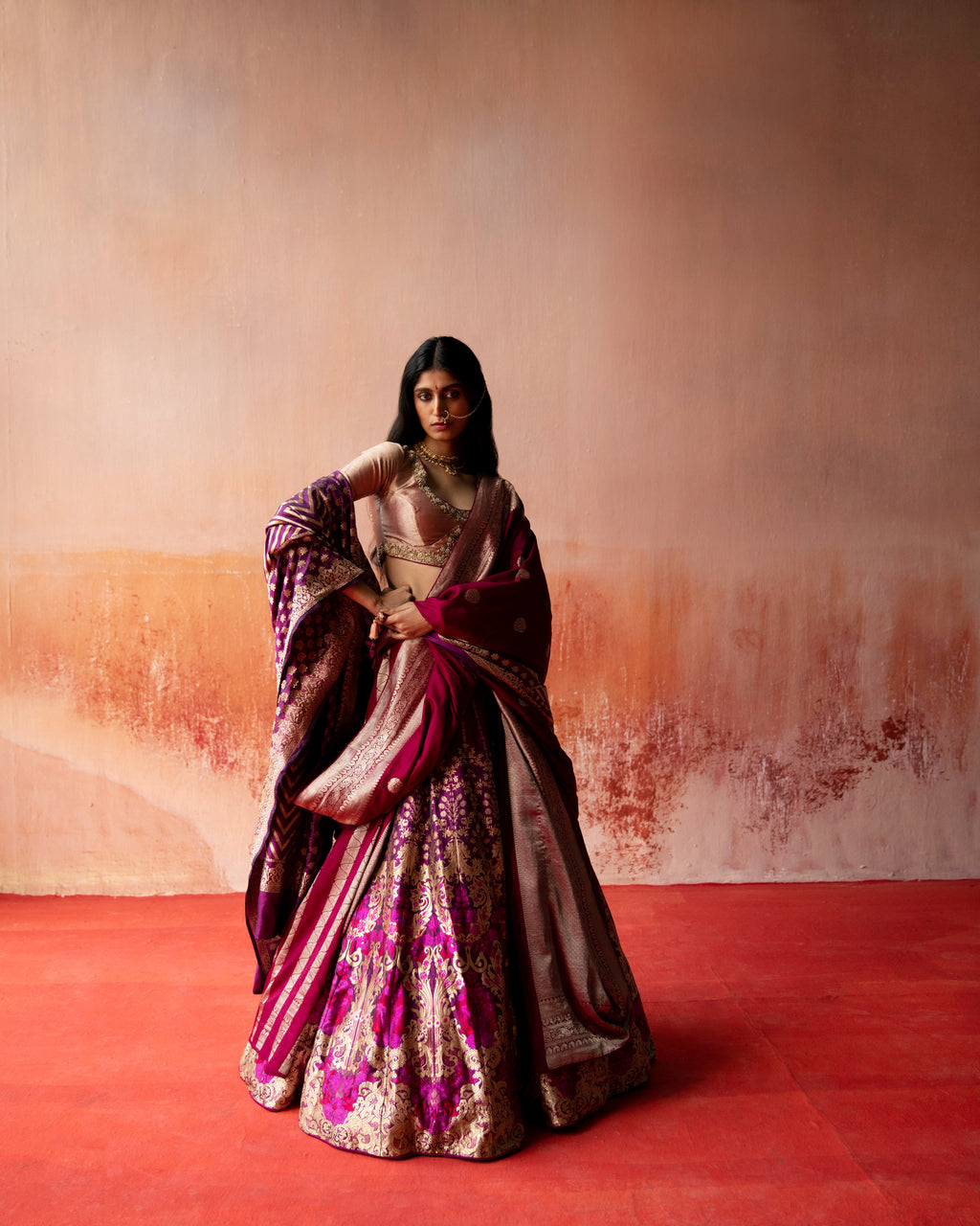 Amaranth Banarasi Silk Lehenga