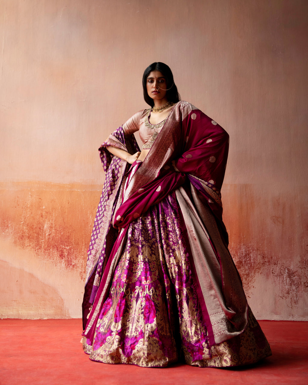 Amaranth Banarasi Silk Lehenga