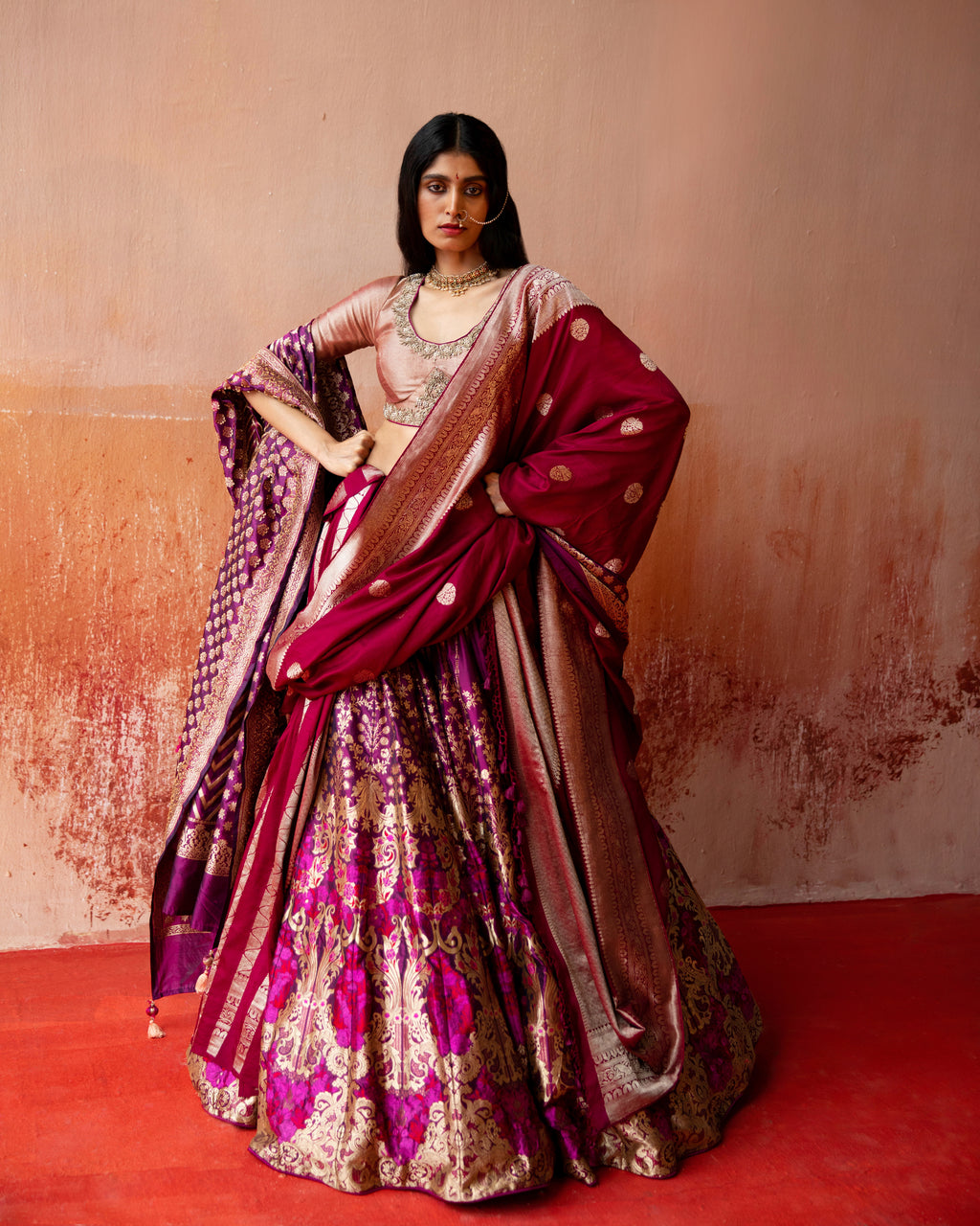 Amaranth Banarasi Silk Lehenga