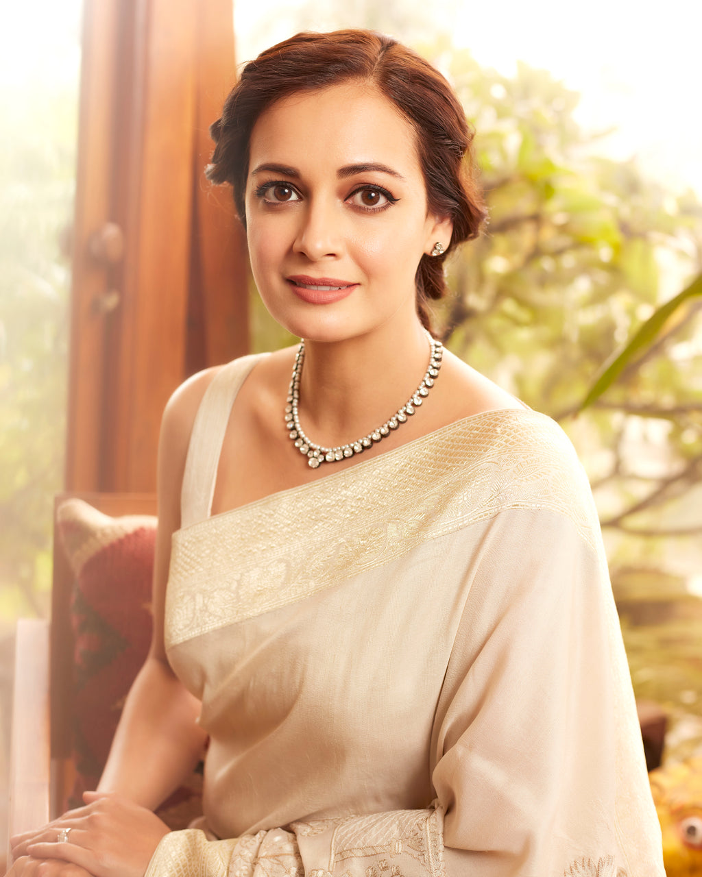 Vanilla Mist Hand-Embroidred Tusser Georgette Saree