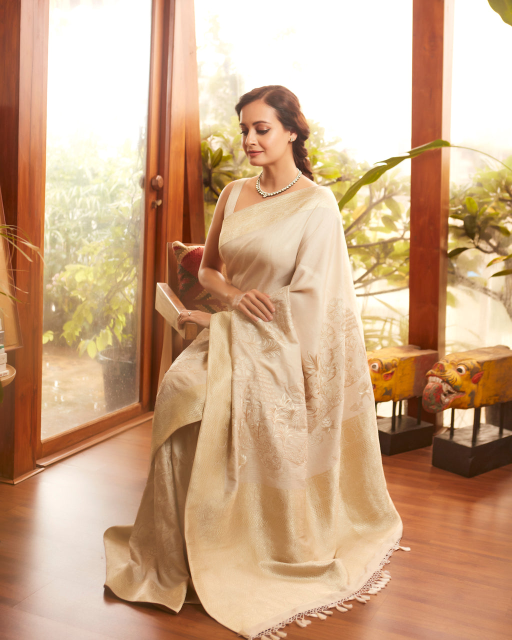 Vanilla Mist Hand-Embroidred Tusser Georgette Saree