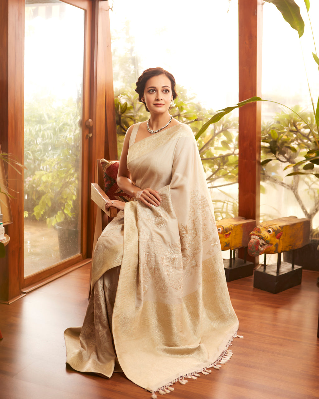 Vanilla Mist Hand-Embroidred Tusser Georgette Saree