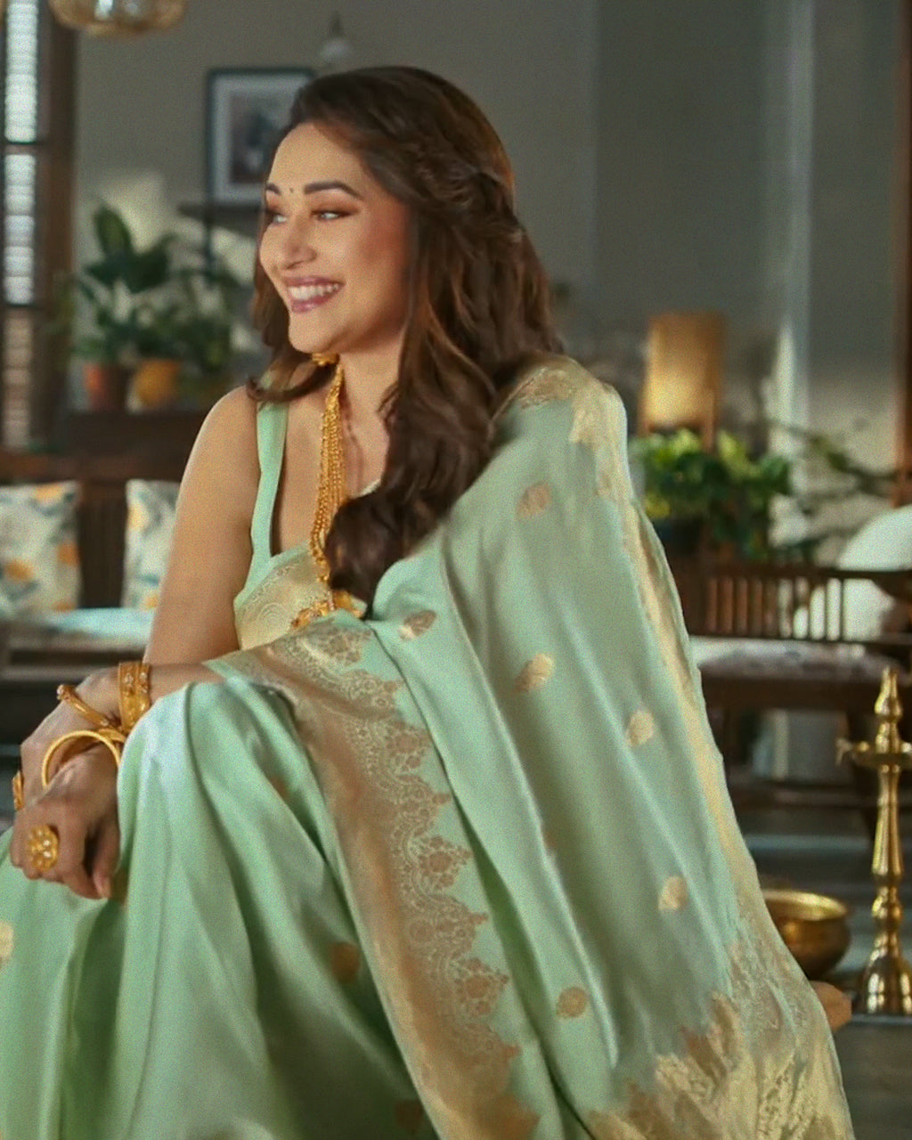 Pistachio-Coloured Satin Silk Saree