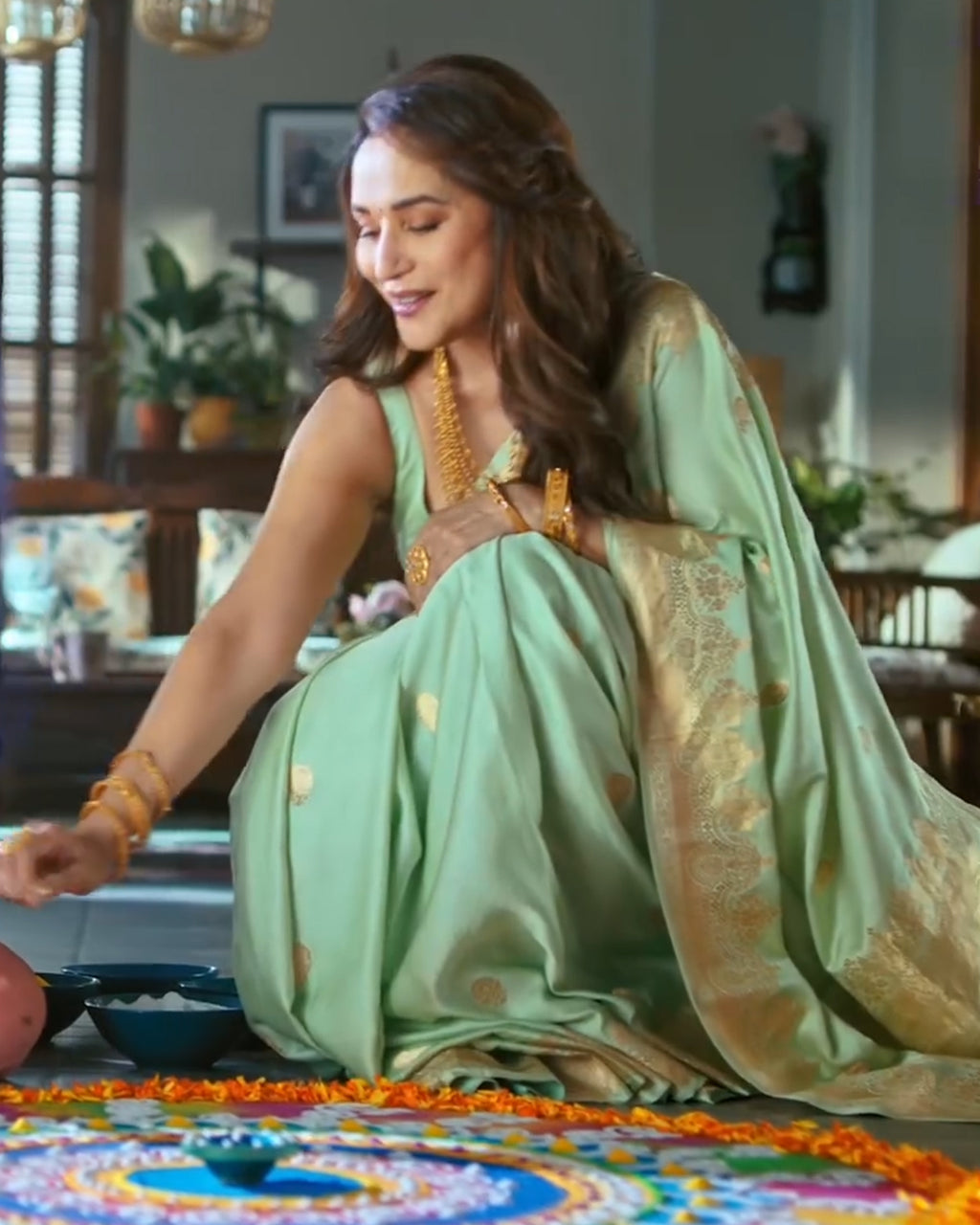 Pistachio-Coloured Satin Silk Saree